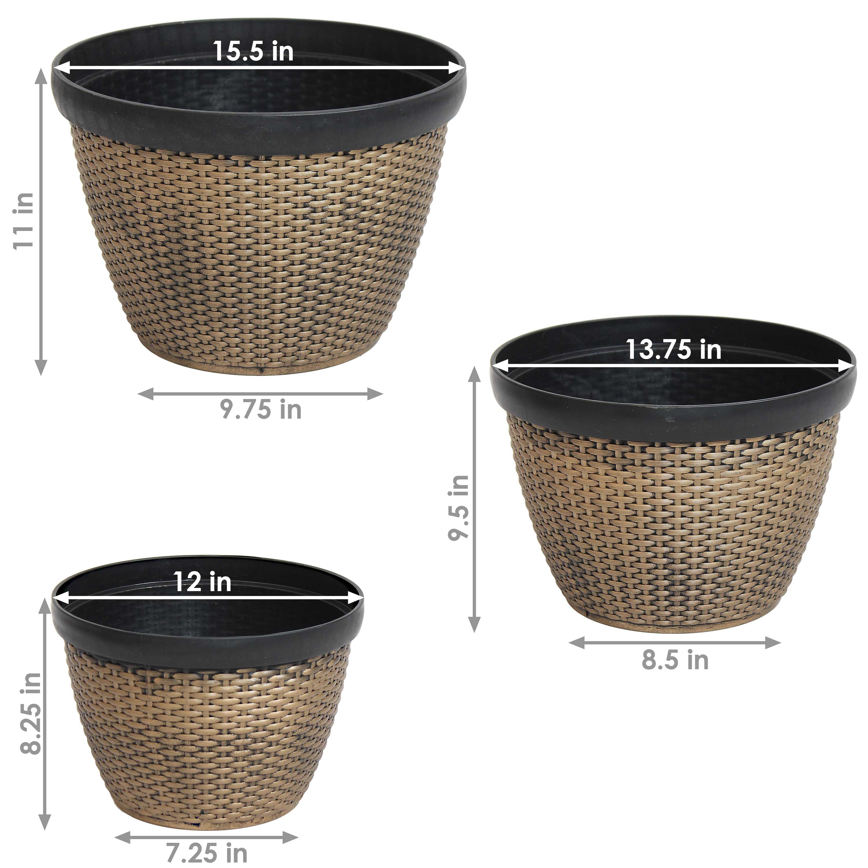 Sunnydaze Resin Faux Basketweave Outdoor Planters - Set of 3 for Patio, Garden, and Porch Decor