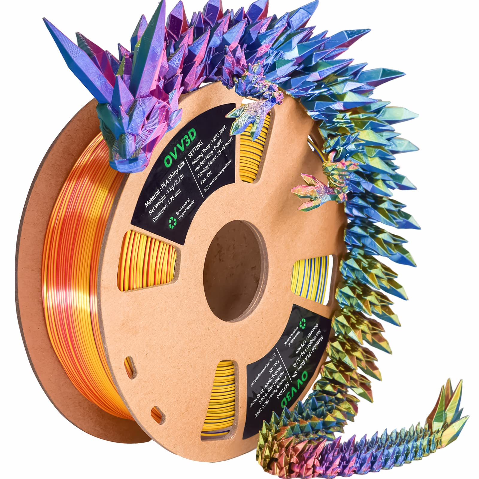 OVV3D 3D Printer Filament - Tri-Color PLA 1.75mm, Silk Coextrusion Rainbow Filament (Red-Yellow-Blue) ±0.02mm Accuracy, 1kg Spool for Smooth 3D Printing - Perfect for Cosplay Props, Home Decor & Creative DIY Projects