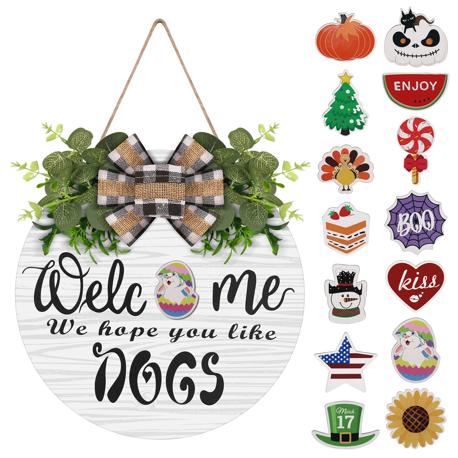 Interchangeable Wooden Seasonal Welcome Wreath - Rustic Round Door Hanging Decor for Home, Wall, Porch & Farmhouse - Perfect for Easter, Spring, Summer, Fall, Halloween & Christmas - Year-Round Decorative Wreath for Front Door, Living Room & Seasonal Celebrations