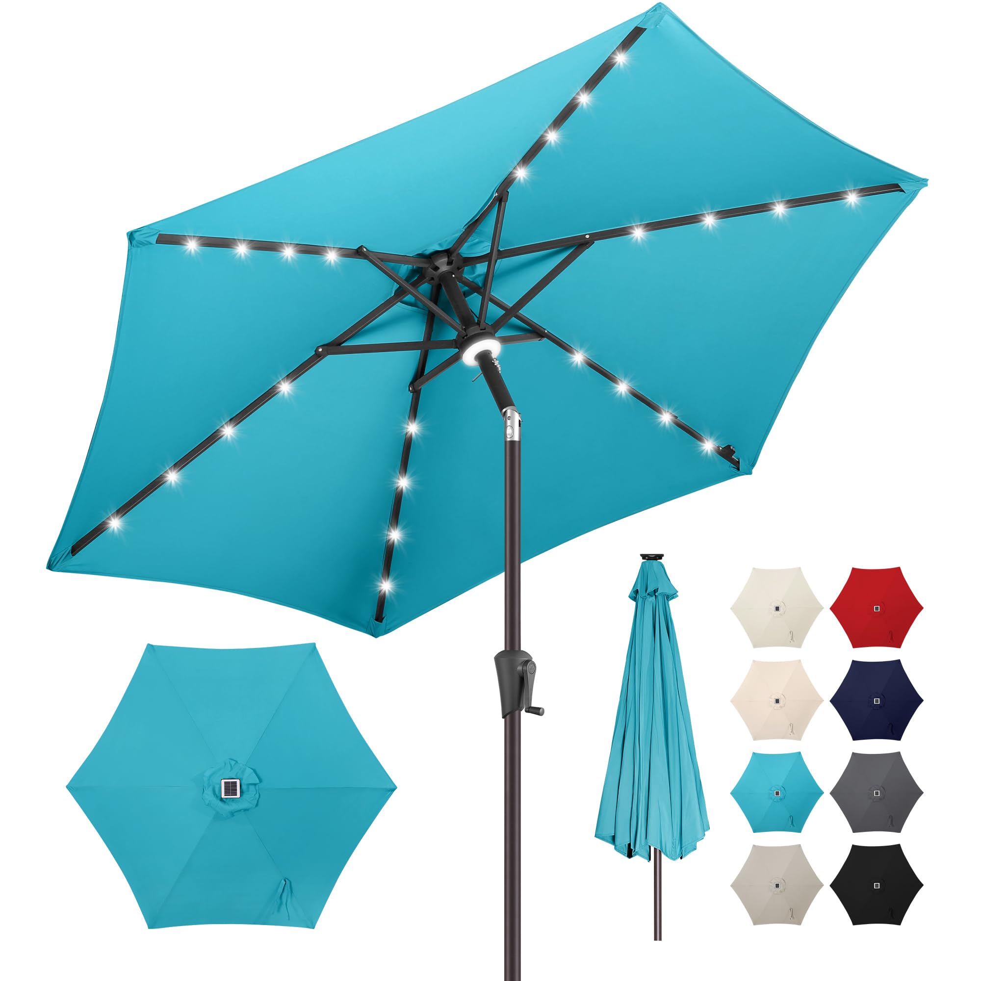 7.5ft Solar Powered LED Patio Umbrella with 24 Lights - Waterproof UV Protection Outdoor Market Umbrella with Tilt & Crank - Perfect for Poolside, Garden, Deck, Backyard & Outdoor Dining (Sky Blue)