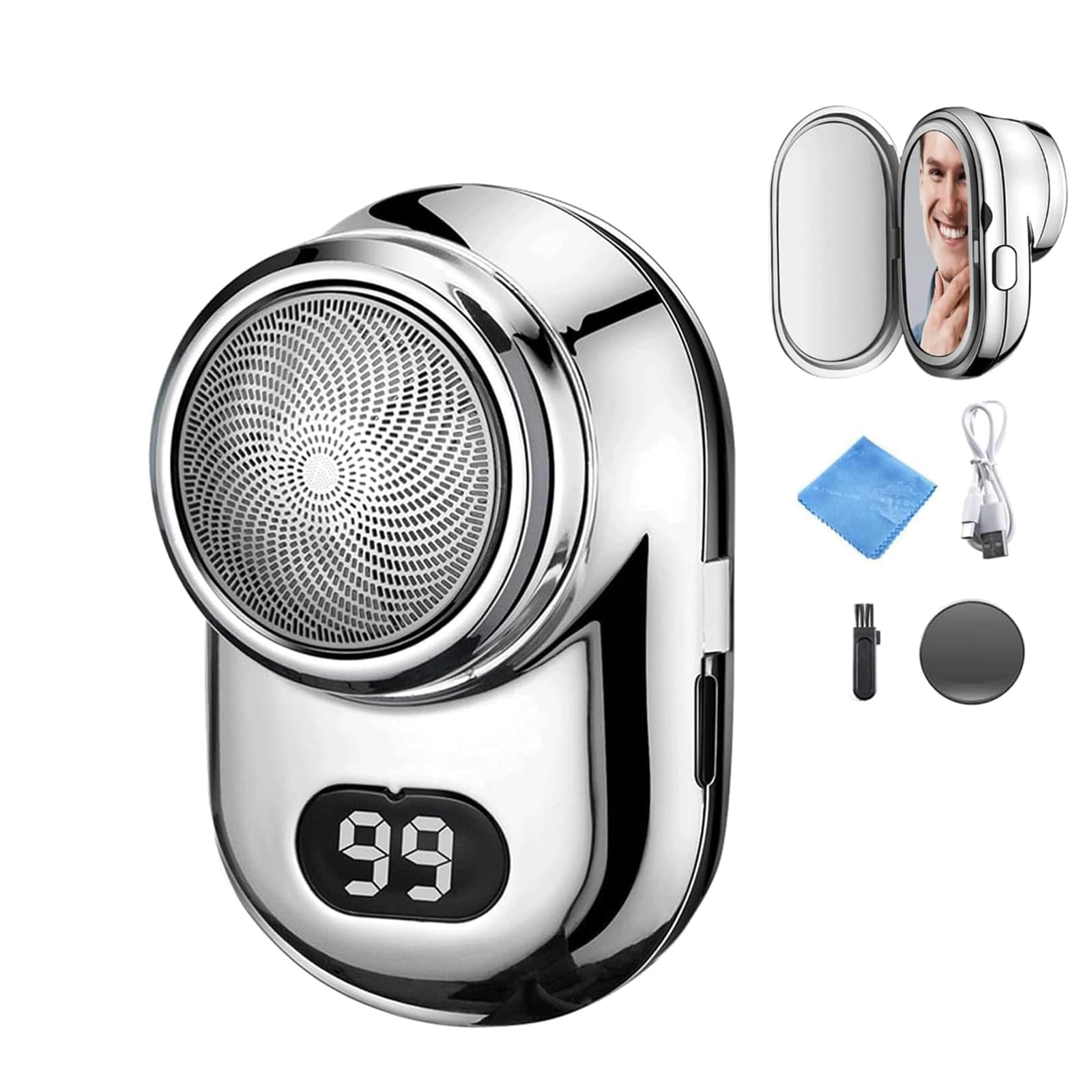 2024 Upgrade Fast Charging Digital Display Mini Electric Shaver for Men - USB Rechargeable Waterproof Beard Trimmer with Mirror, Silver | Perfect for Travel, Gym & Daily Grooming
