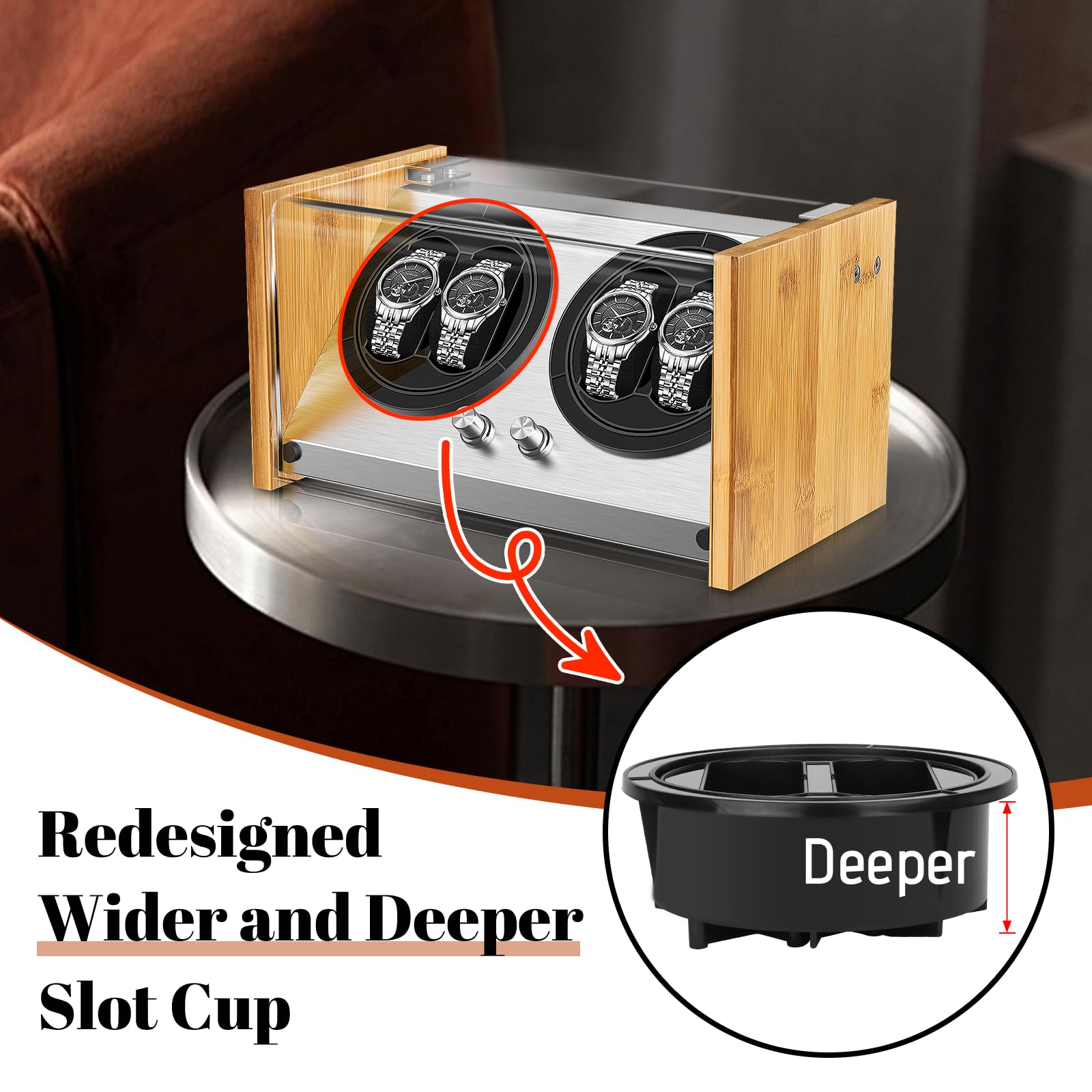 Premium Watch Winder for 4 Automatic Watches - Bamboo Wooden Storage Box with Ultra Quiet Japanese Motor | 4 Rotation Modes & Timer Settings | Perfect for Watch Collectors & Luxury Timepiece Storage (Home/Office/Travel Use)