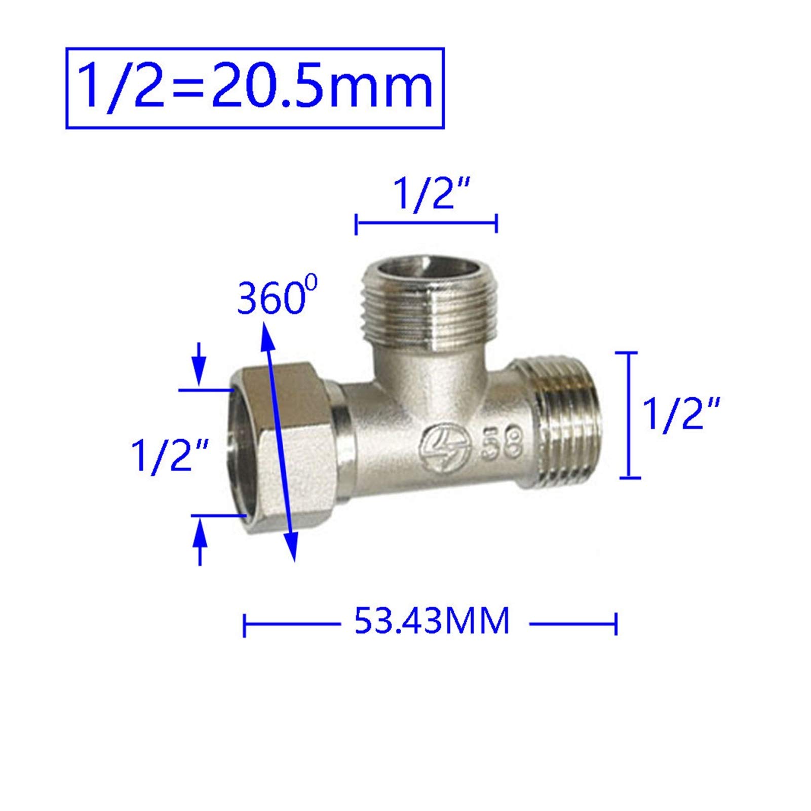 1/2 Inch Brass Garden Hose Tee Fitting - 3-Way Water Divider Adapter with 1/2