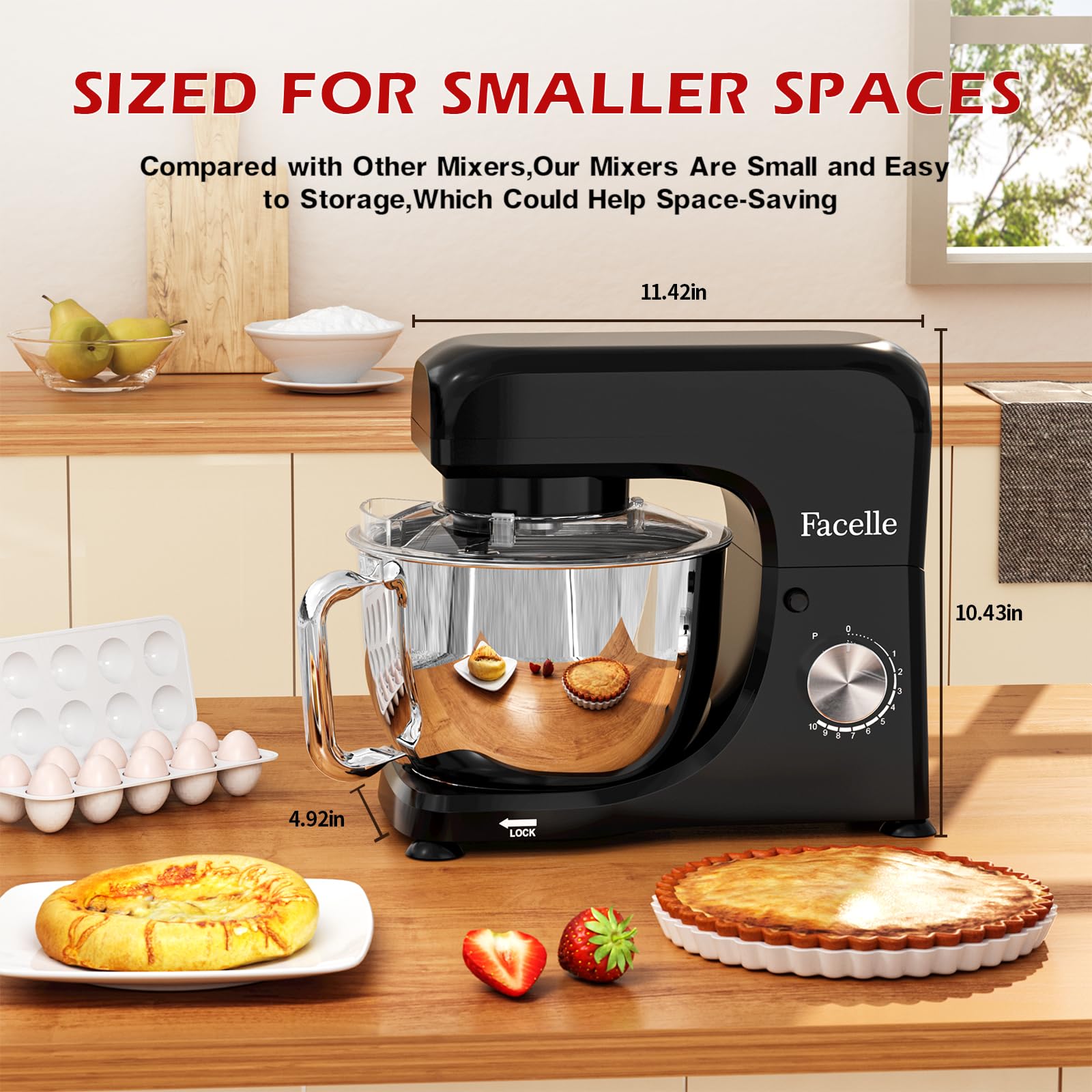 Facelle 5.5Qt Stand Mixer - 10+ Speed Tilt-Head Electric Kitchen Mixer with Stainless Steel Bowl, Dough Hook, Whisk & Beater - Perfect for Baking Cakes, Cookies, Bread & More | Ideal for Home Bakers & Professional Kitchens