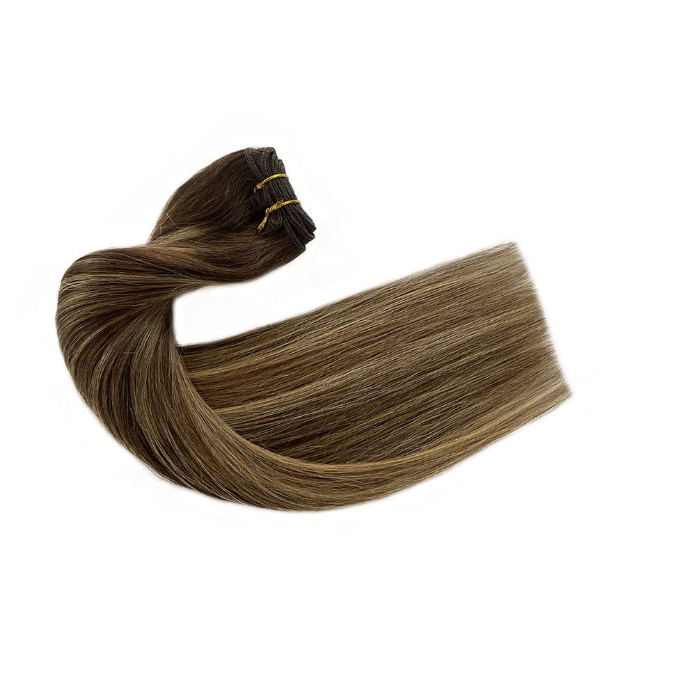 22 Inch Sew-In Weft Hair Extensions - 100% Real Human Hair with Blonde Highlights & Brown to Golden Brown Shades | Hand-Tied 120g Bundles for Volume & Length | Perfect for Weddings, Parties & Daily Styling