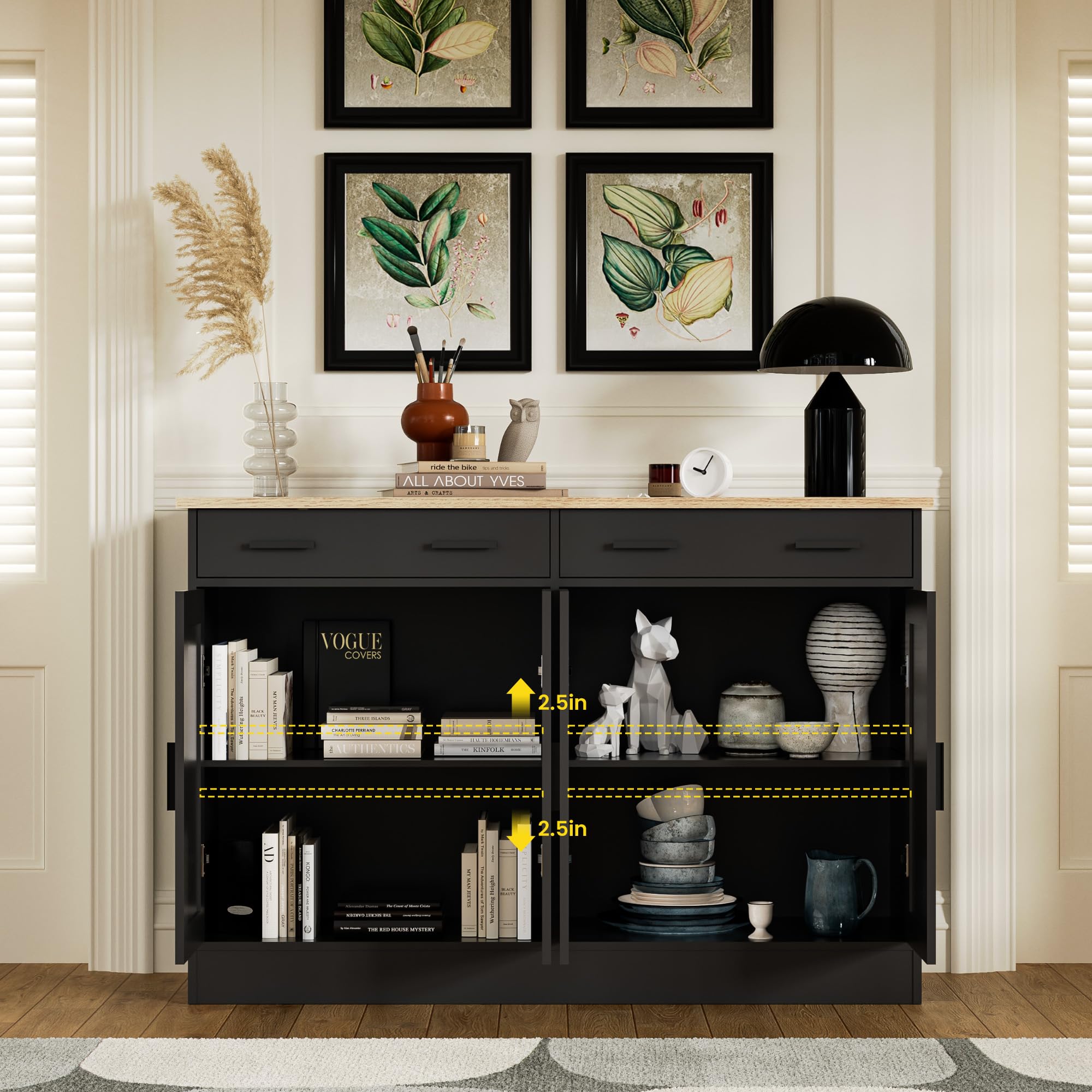 Anystyle Black Buffet Cabinet - Coffee Bar Cabinet with 2 Drawers & 4 Doors - Kitchen Buffet Sideboard for Living Room & Dining Room - Perfect for Home Storage, Entertaining & Displaying Decor