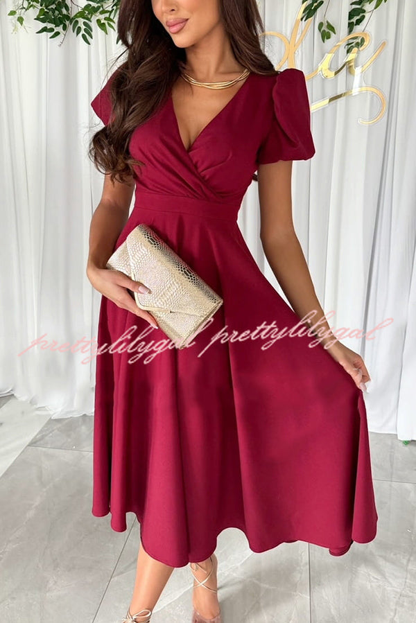 Zayla Women's Solid Color Puff Sleeve V-Neck Waist Slim Fit Midi Dress - Elegant Party, Wedding Guest & Office Wear