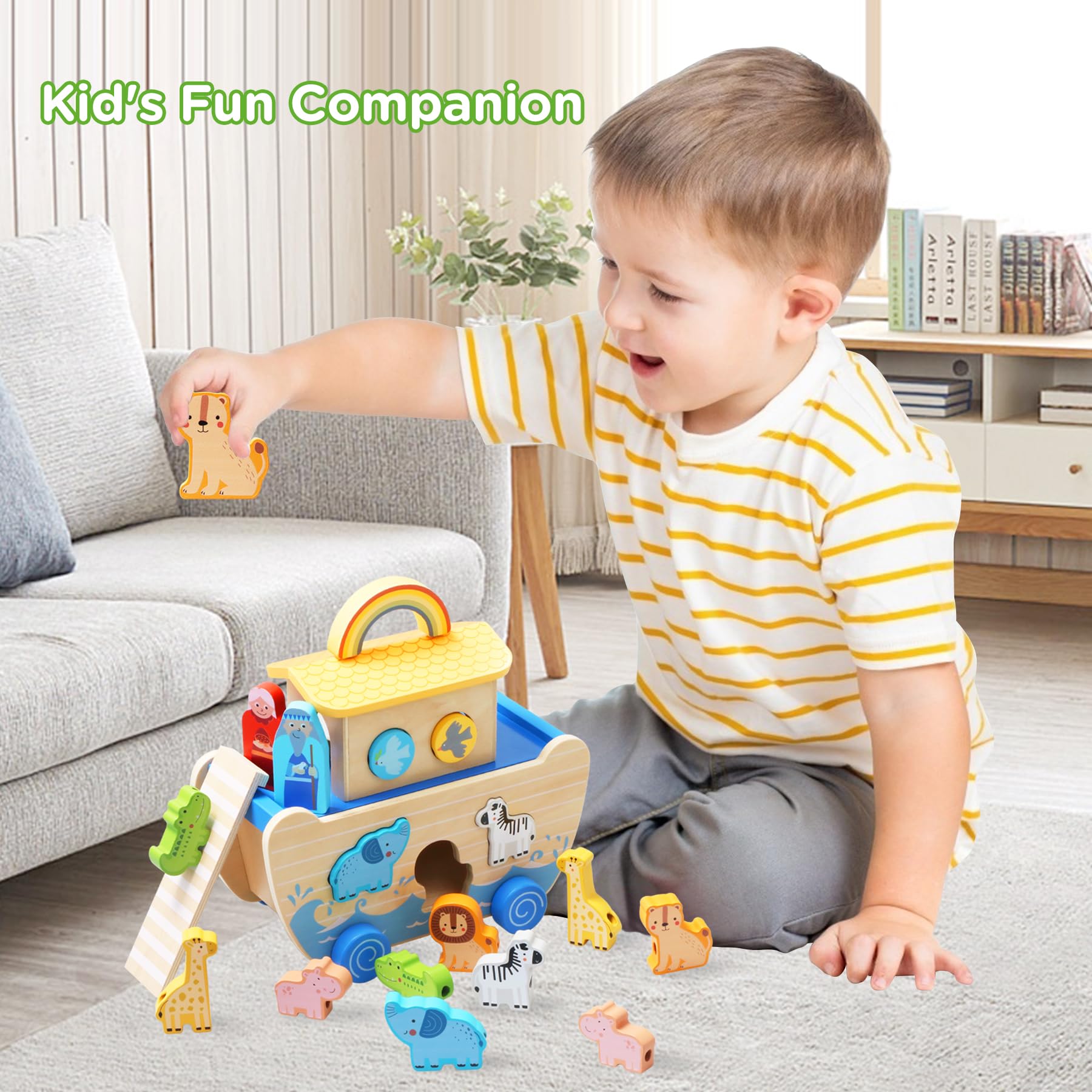 Noah's Ark Wooden Animal Shape Sorter Toy - Montessori Bible Learning Toys for Toddlers Ages 1-4 - Perfect Baptism Gift for Boys & Girls - Educational Christian Toys for Church, Sunday School & Home Playtime