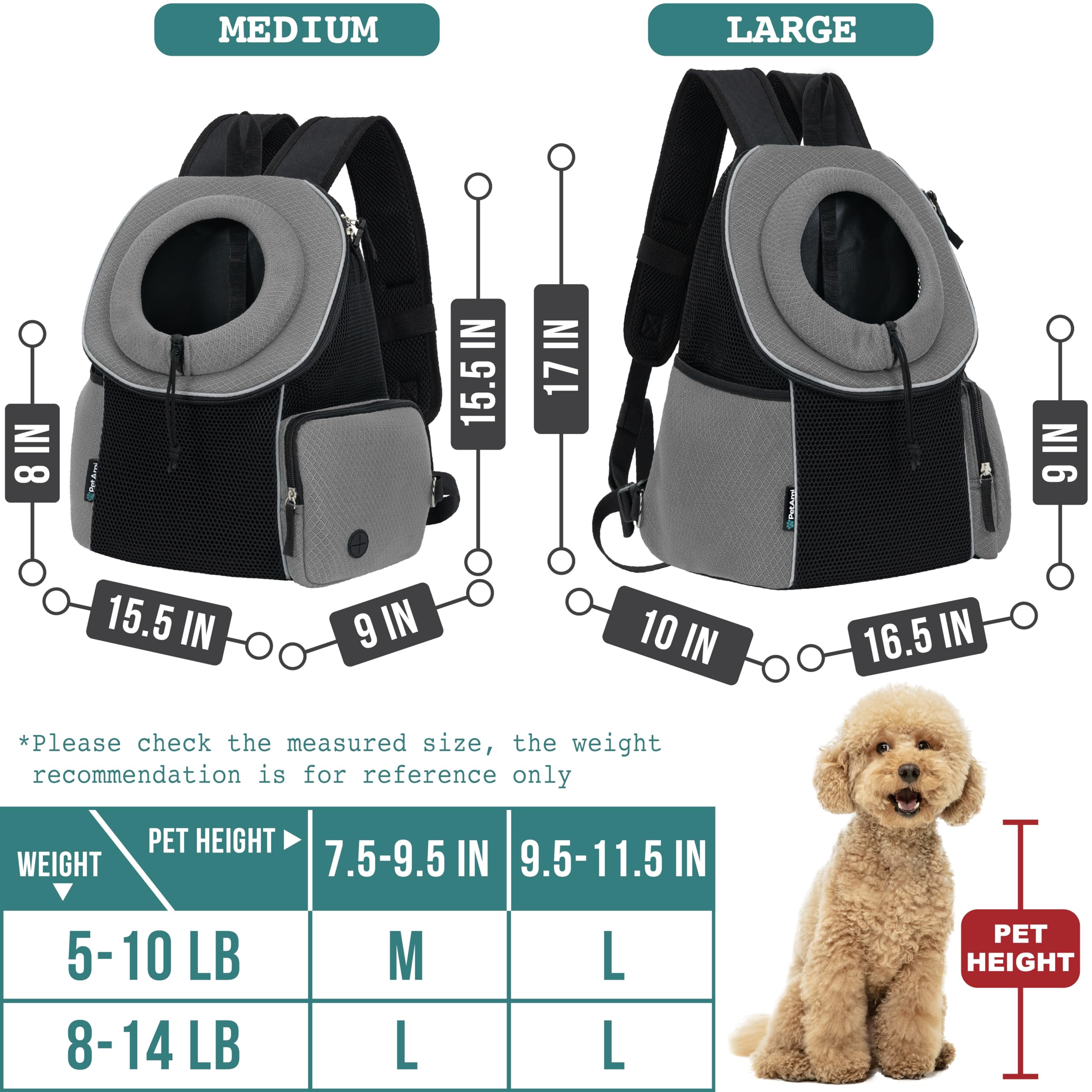 PetAmi Adjustable Dog & Cat Carrier Backpack - Ventilated Front & Chest Pet Carrier for Small Dogs & Medium Cats up to 14 lbs - Perfect for Hiking, Camping, Travel & Outdoor Adventures (Grey)