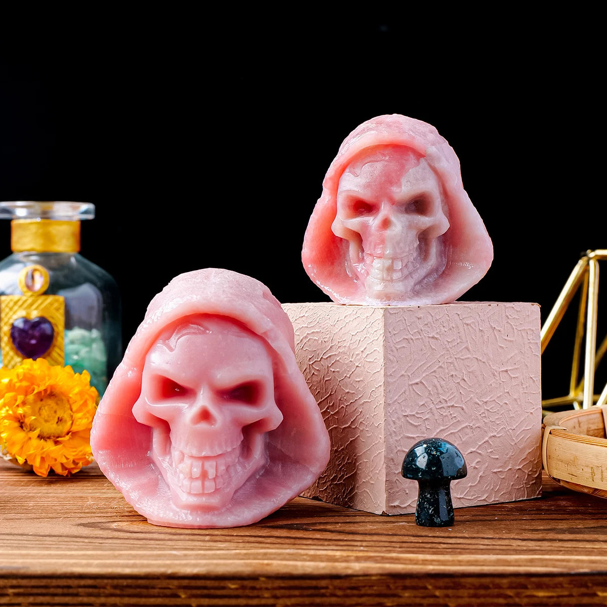 1pc Natural Pink Opal Crystal Skull Carving - Handcrafted Gemstone Death Skull Statue for Home Decor, Halloween Party, Meditation Altar & Spiritual Gift