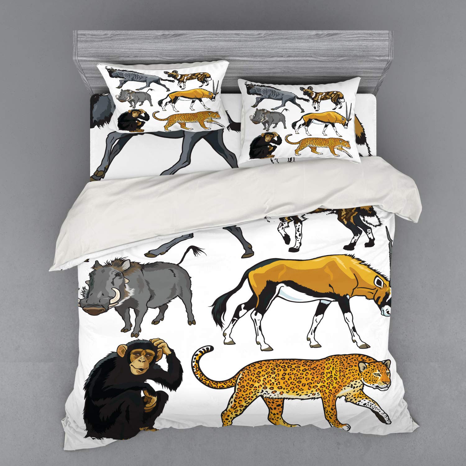 Ambesonne King Size 4-Piece Zoo Bedding Set - Cartoon African Wildlife Savannah Print Duvet Cover with Shams & Fitted Sheet, Multicolor - Perfect for Kids' Rooms, Jungle Themed Bedrooms & Wildlife Lovers