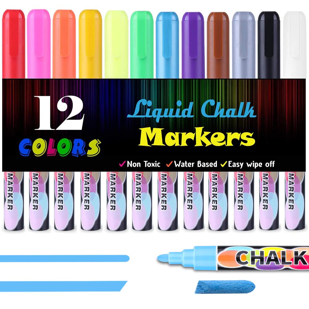 Aottom 12 Colors Liquid Chalk Markers - Fine Tip Erasable Neon Chalk Pens for Blackboard, Windows, Glass & Non-Porous Surfaces - Reversible 6mm Tip - Perfect for Restaurants, Classrooms, Retail Signs & DIY Projects
