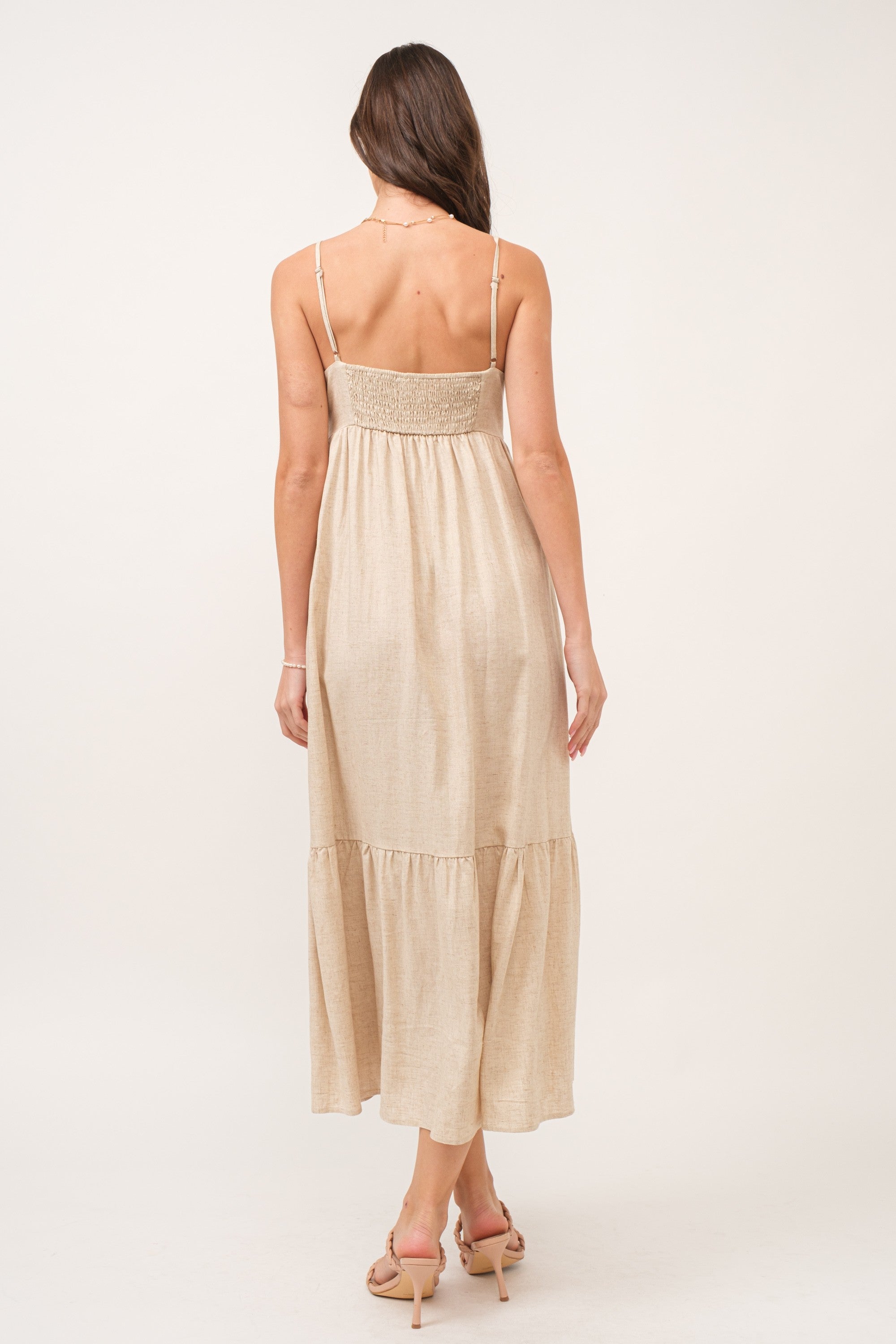 Beige Linen Midi Dress with Front Cinch Detail - Elegant Summer Casual Dress for Women, Perfect for Beach Vacations, Brunch Dates & Garden Parties