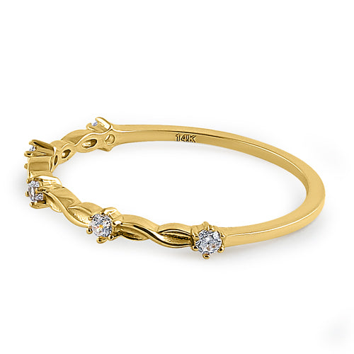 14K Yellow Gold Twist Half Eternity Ring with Round CZ Stones - Elegant Stackable Band for Anniversary, Wedding, or Everyday Wear