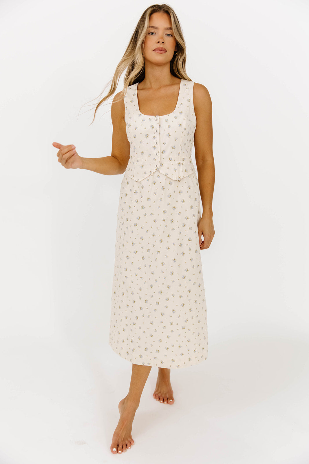 Blue Floral Florence Vest Detail Midi Dress - Elegant Women's Summer Dress for Weddings, Parties & Casual Outings