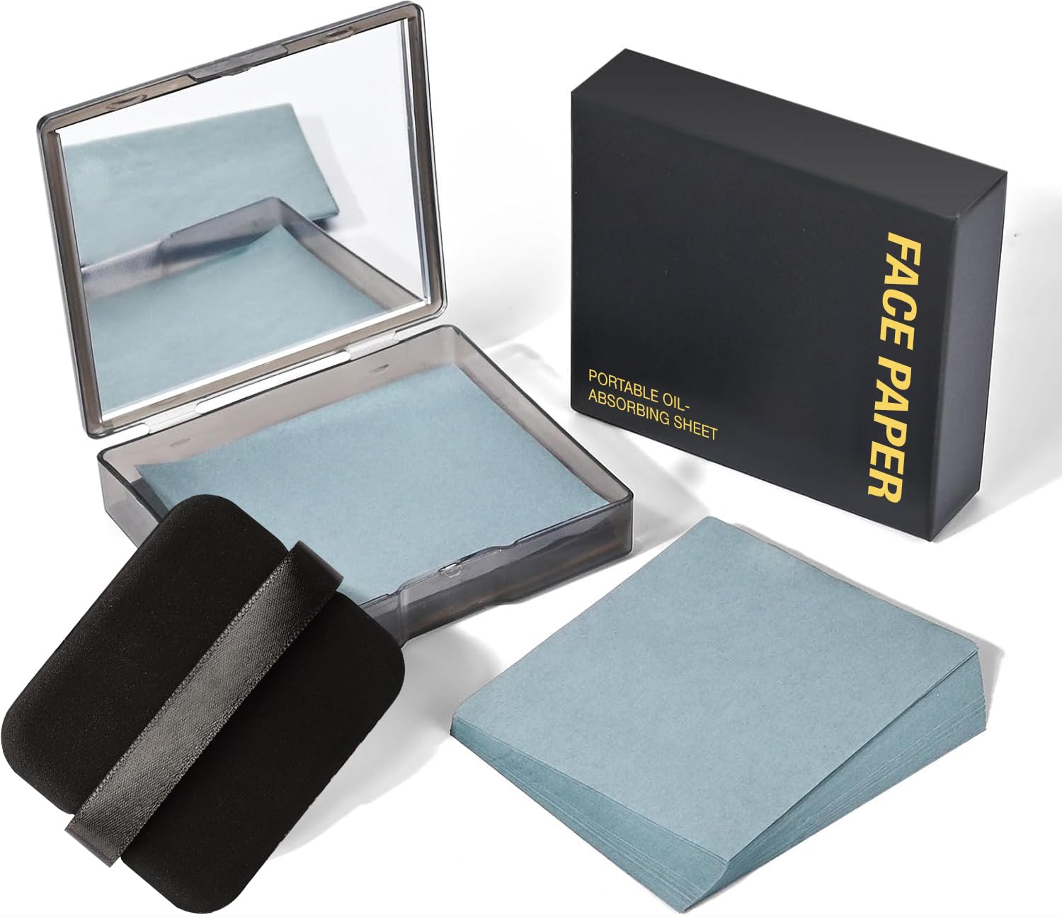 Lyrovo 100Pcs Oil Absorbing Blotting Papers for Oily Skin - Natural Linen Face Blotting Sheets with Built-in Mirror & Powder Puff - Matte Finish for Men & Women | Perfect for Gym, Travel & Everyday Oil Control