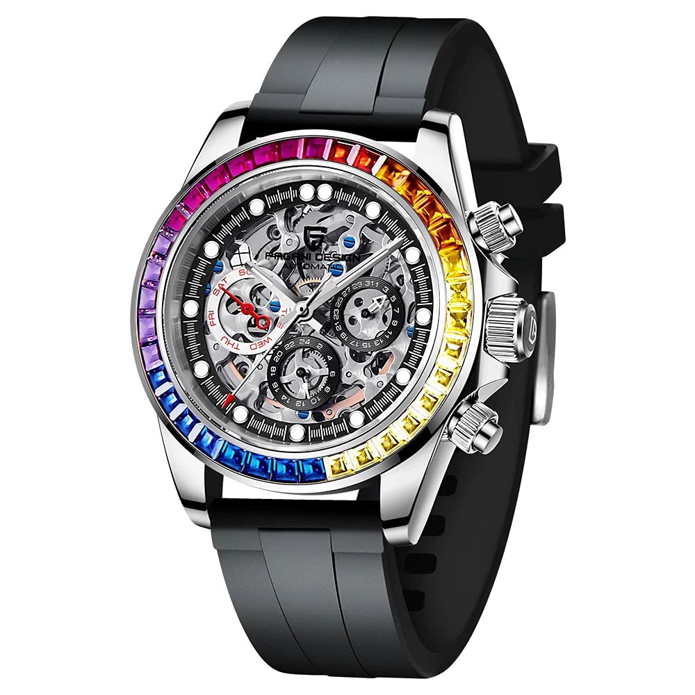 Pagani Design Luxury Men's Automatic Skeleton Watch - Stainless Steel Rainbow Bezel, Rubber Strap, 100M Waterproof - Perfect for Sports, Business & Formal Occasions