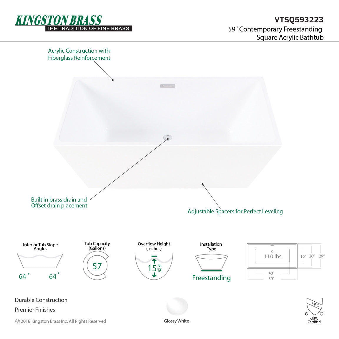 Aqua Eden 59-Inch Freestanding Acrylic Bathtub - Rectangular Double-Ended Soaking Tub with Drain, Glossy White for Luxury Bathroom & Spa Relaxation