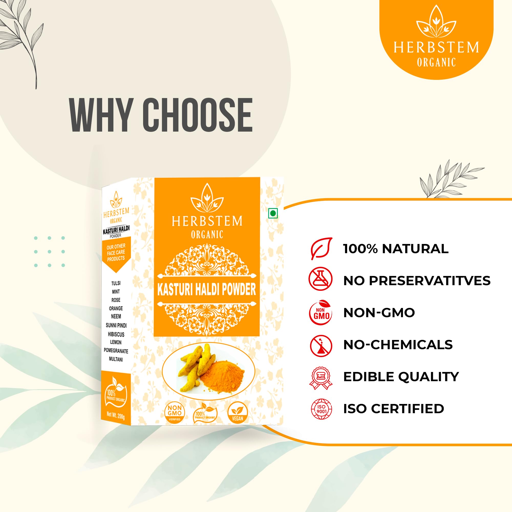 Herbstem Pure Kasturi Turmeric Powder for Face & Hair - 100g | Organic Wild Turmeric for Glowing Skin, Acne Treatment & Pimple Relief | Natural Skin Brightening Face Pack | Perfect for DIY Beauty Masks & Ayurvedic Skincare Routines