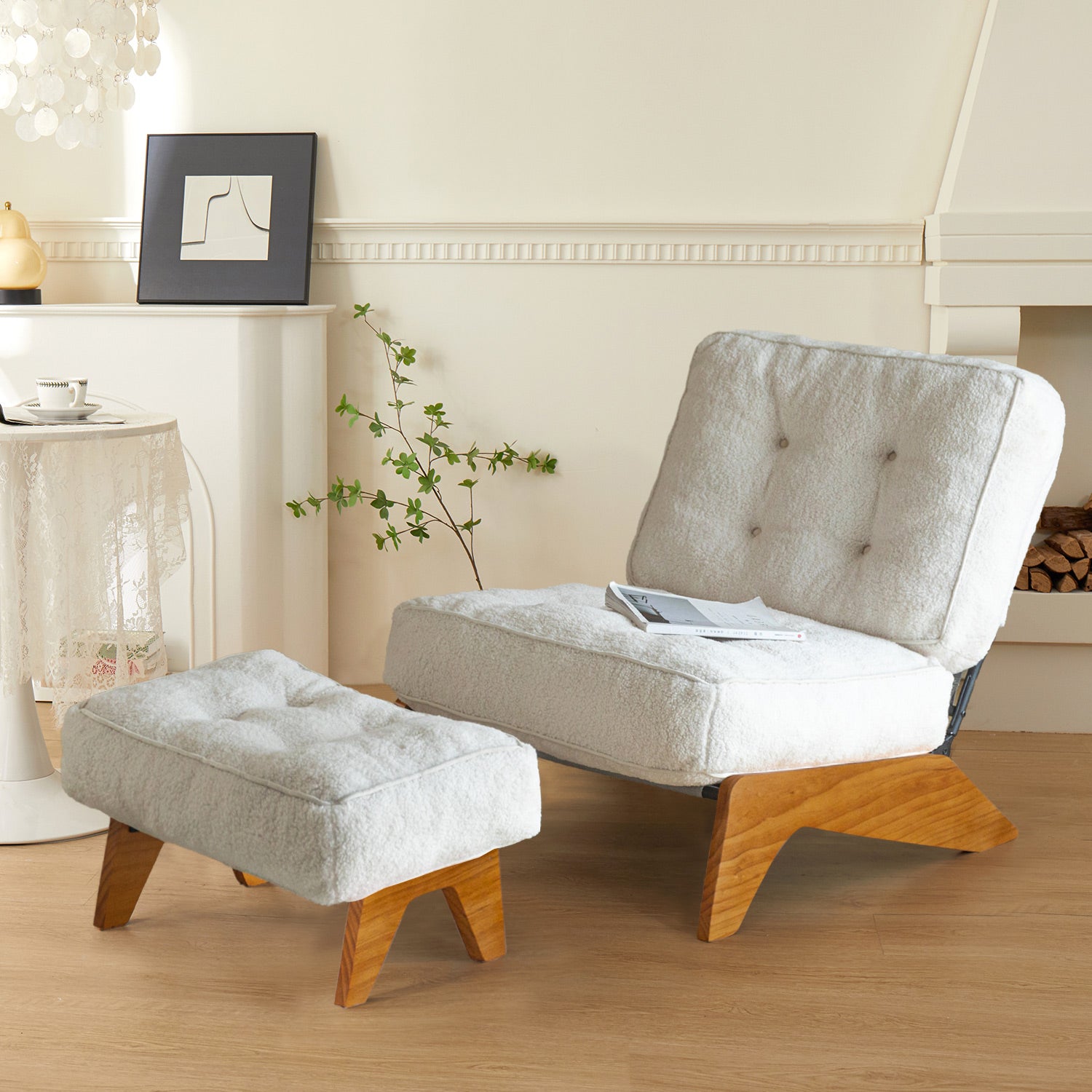 MAXYOYO Adjustable Accent Chair with Ottoman Set - Modern Boucle Tufted Lounge Chair in Beige for Living Room, Bedroom & Office Comfort