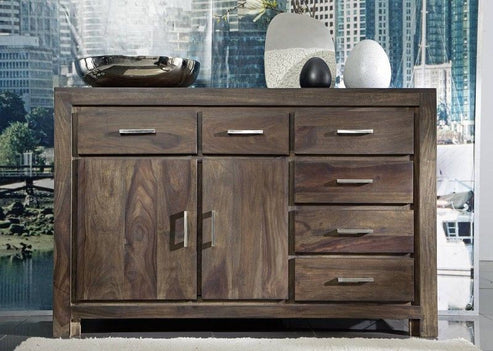 Gfine Solid Sheesham Wood Sideboard - 2 Doors & 6 Drawers, 150x45x88cm - Perfect for Living Room, Dining Room & Hallway Storage