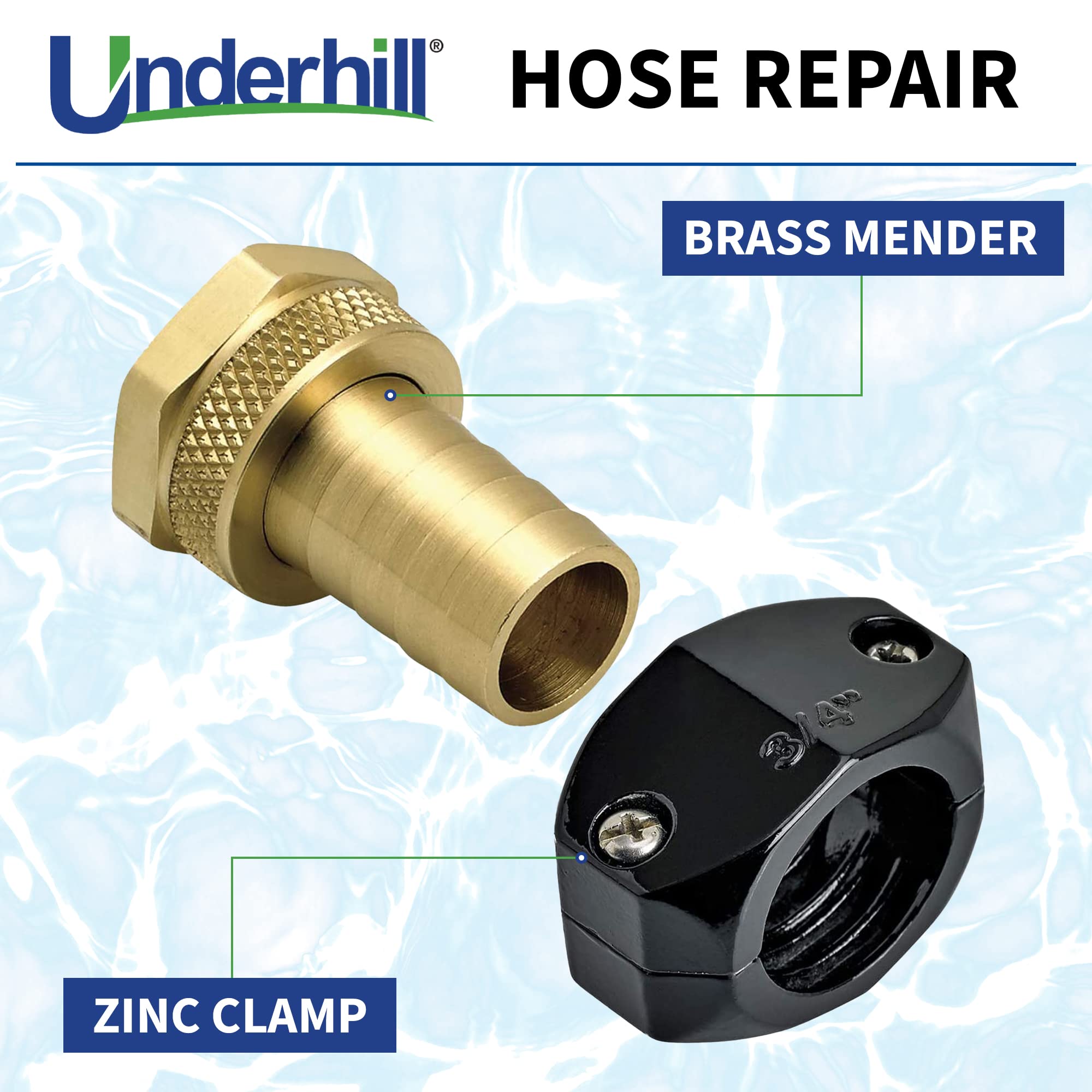 Underhill Garden Hose Repair Kit - 3/4 Inch Heavy-Duty Brass Clamp Connectors with Female Mender - Leak-proof Hose Menders for Lawn, Garden & Outdoor Watering Systems