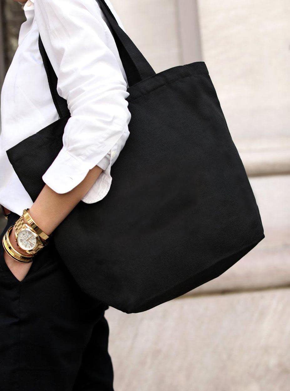 Premium Plain Black Canvas Tote Bags for Women - Durable Zip Closure Shopping, Beach & Street Bag | Perfect for Groceries, Work Commute & College Campus Use