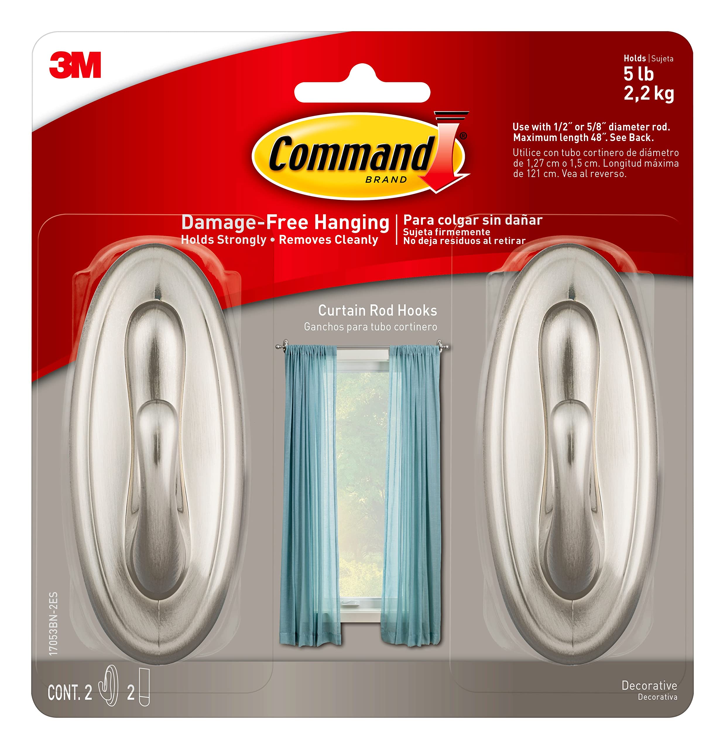 Command Large Brushed Nickel Curtain Rod Hooks - 2 Hooks, 2 Strips, 2-Pack - Damage-Free Wall Decor for Bedroom, Living Room & Dorm