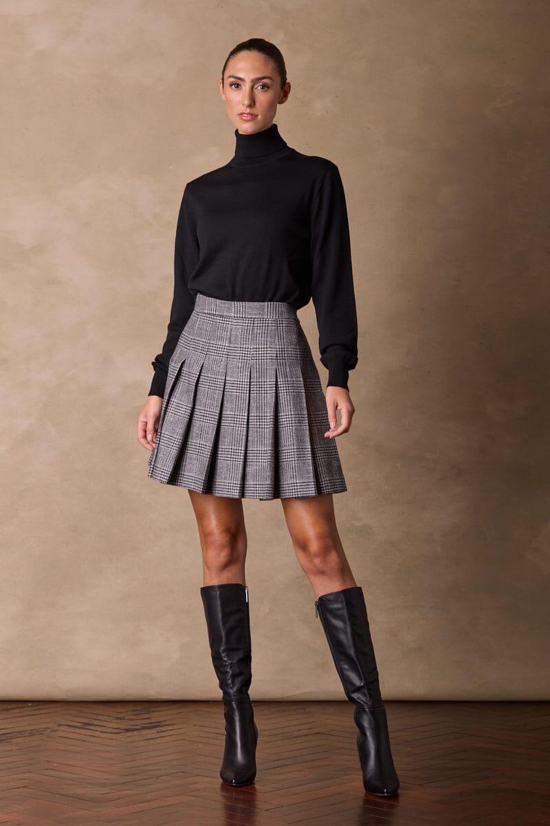 Camille Pleated Skirt in Grey Prince of Wales Check - Elegant Women's Midi Skirt for Office, Party & Fall Fashion