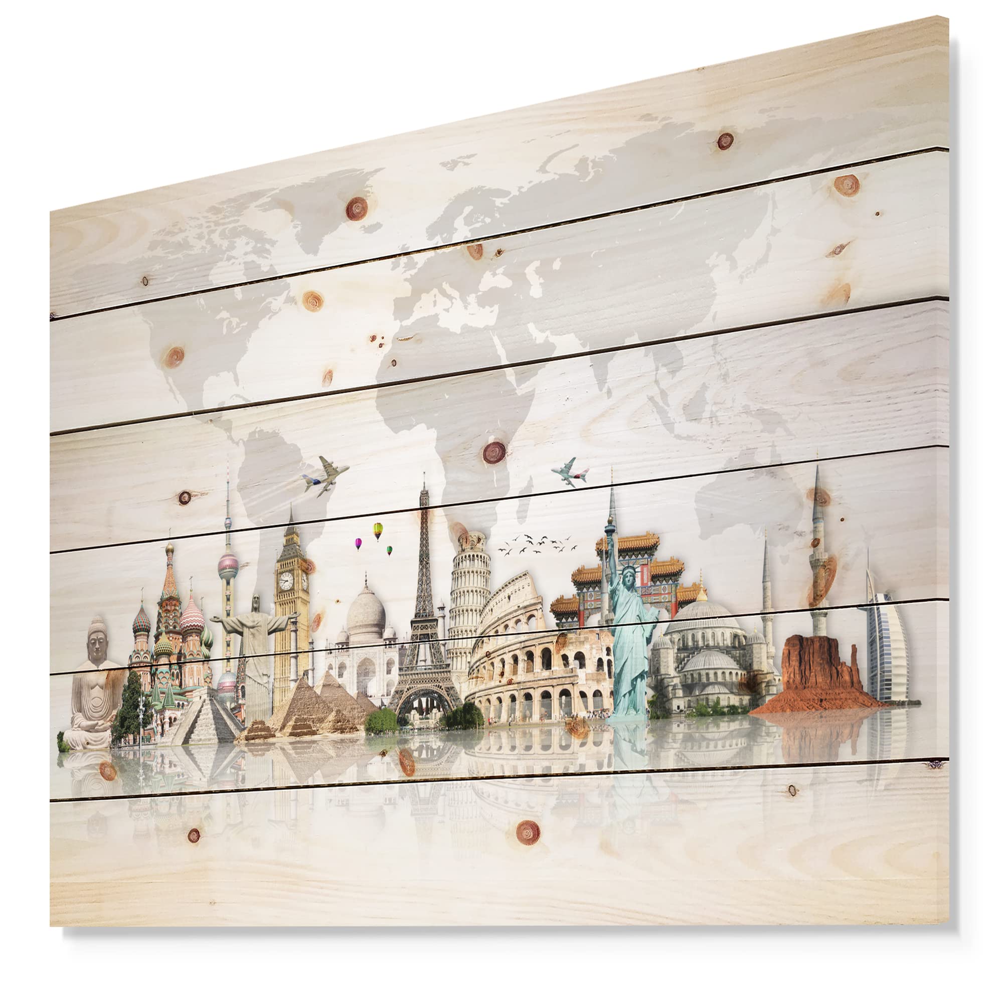 DesignQ Famous Monuments World Map Wood Wall Art - Industrial Grey Wooden Wall Decor with Architecture Prints on Natural Pine - Perfect for Living Room, Office & Home Decor