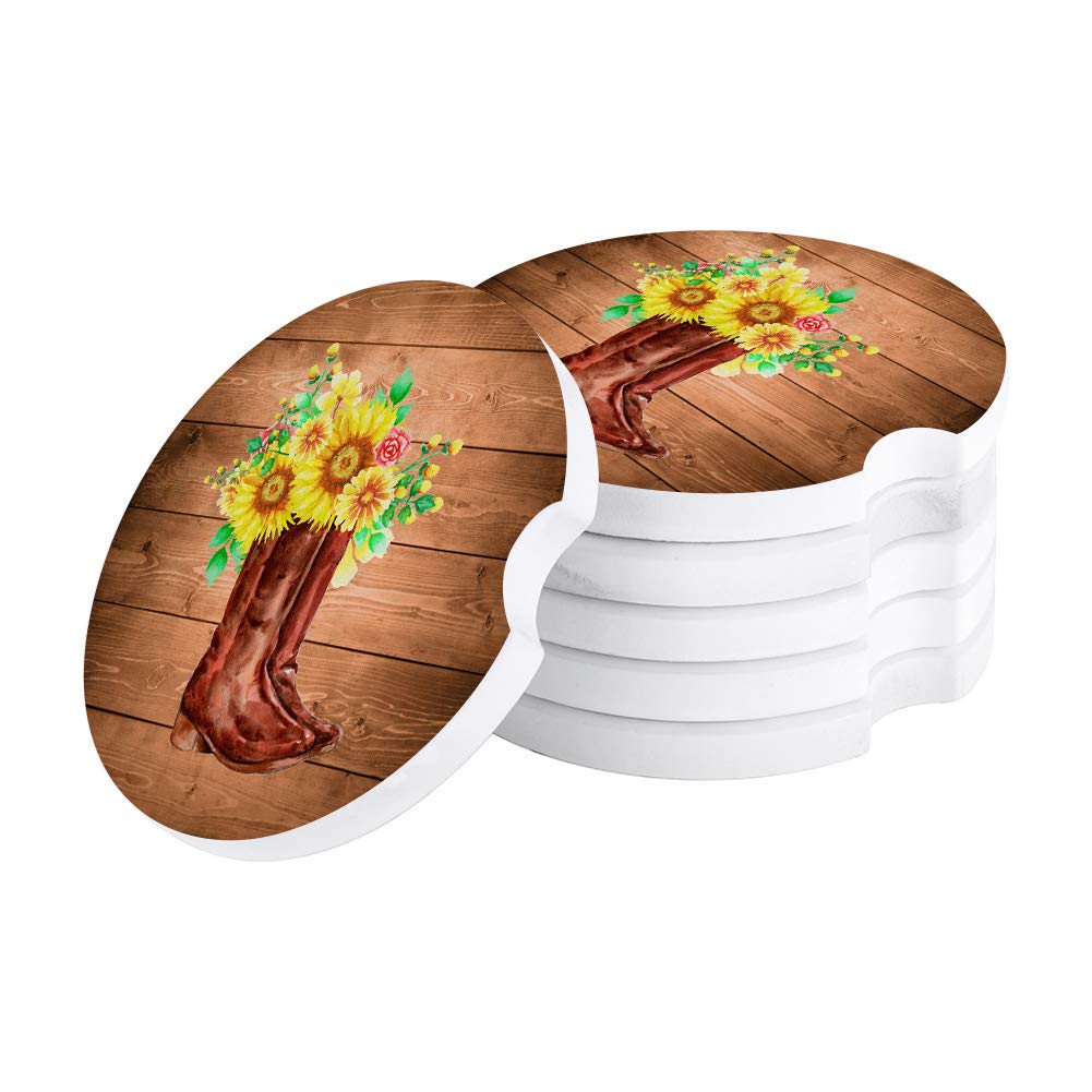 Western Cowboy Boots & Sunflower Car Coasters Set - 6PCS Absorbent Stone Drink Coasters with Wooden Barn Design - Perfect for Car, Truck, RV & Home Decor - Ideal for Coffee, Beer & Soda Cups