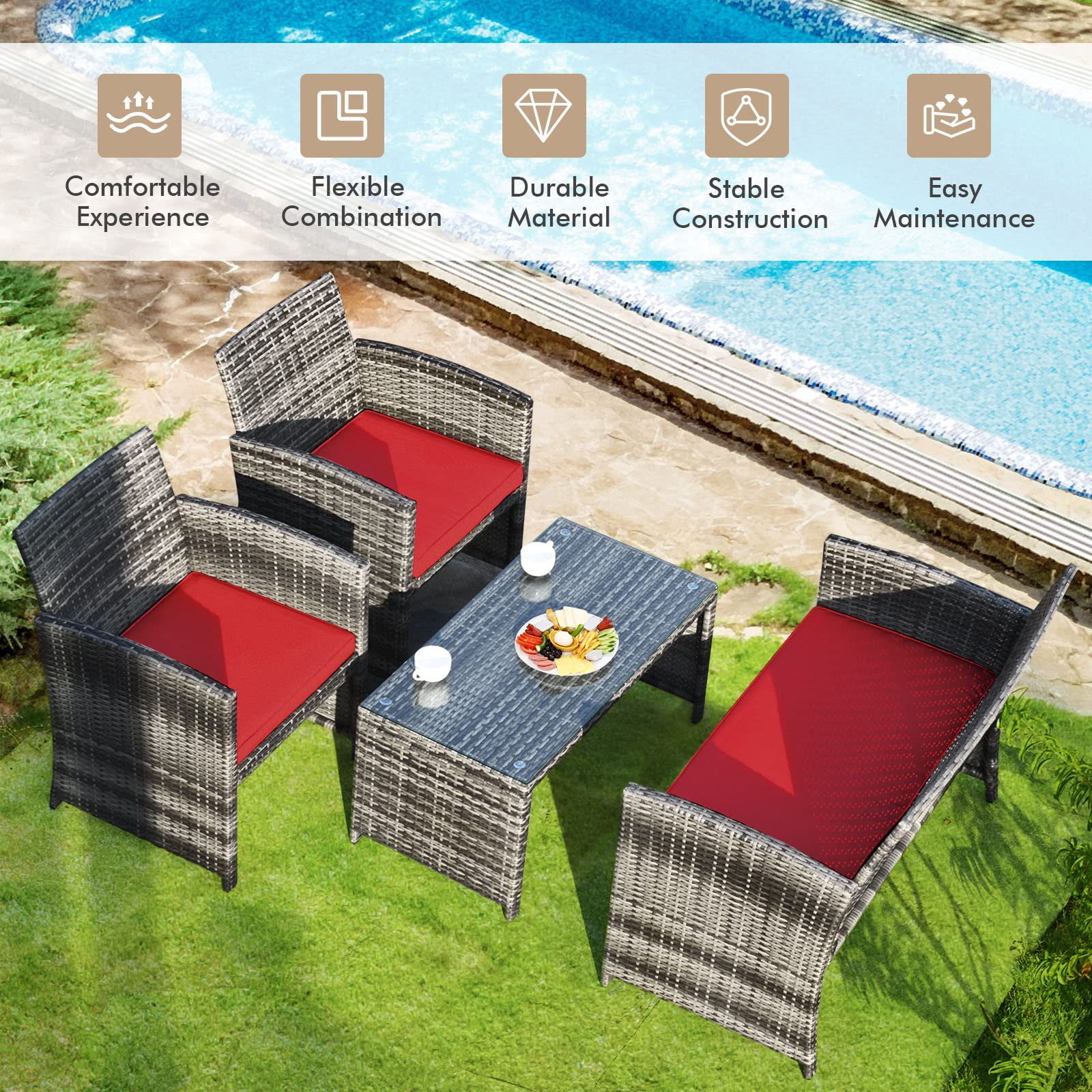 Goplus 4-Piece Rattan Patio Furniture Set - Outdoor Wicker Conversation Sofa with Weather-Resistant Cushions & Tempered Glass Tabletop - Perfect for Lawn, Backyard, Poolside, Garden, or Patio (Red)