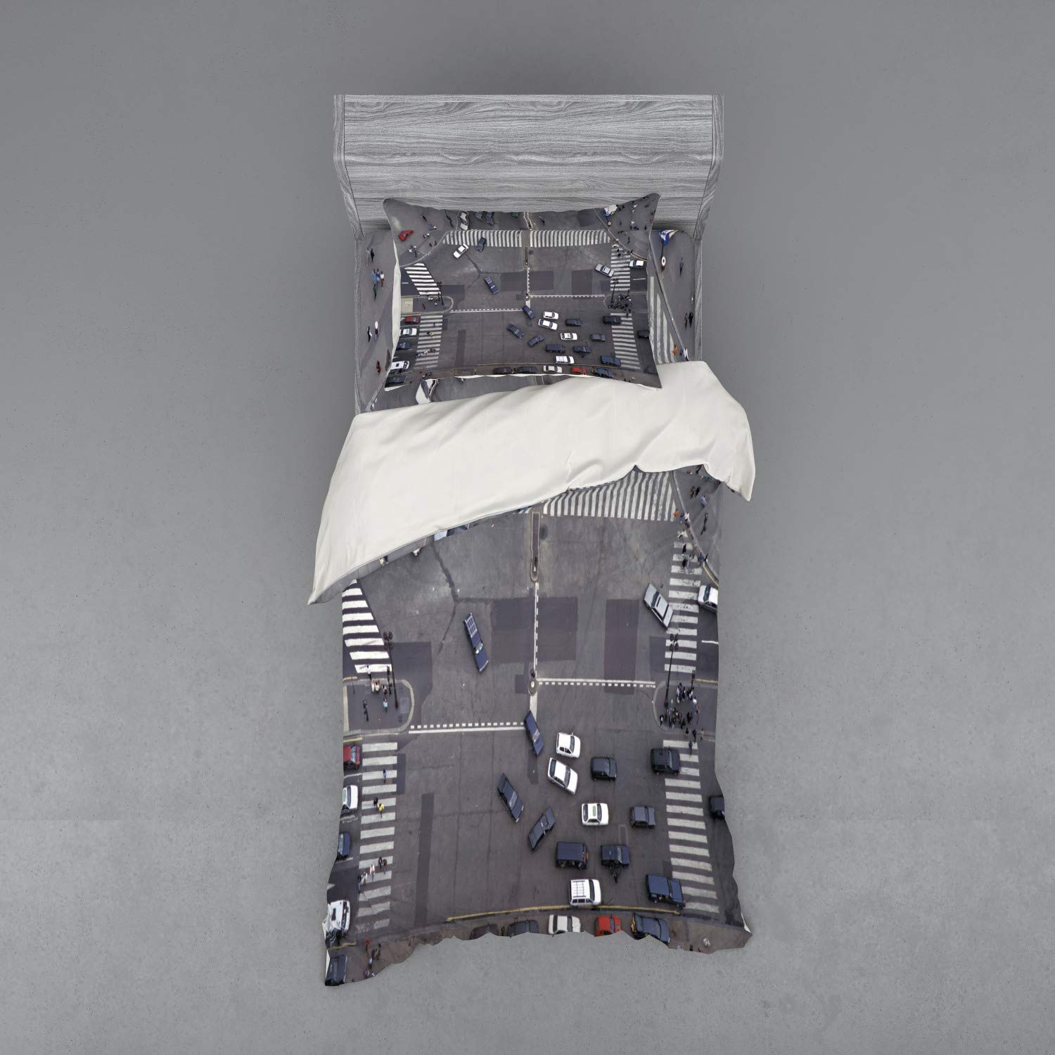 Ambesonne Urban Duvet Cover Set - Paris France Road Intersection Design, Modern City Life with Cars & Crosswalk Street View - 3 Piece Bedding Set Includes Sham & Fitted Sheet - Twin Size Grey White - Perfect for Urban Themed Bedrooms & Teen Rooms