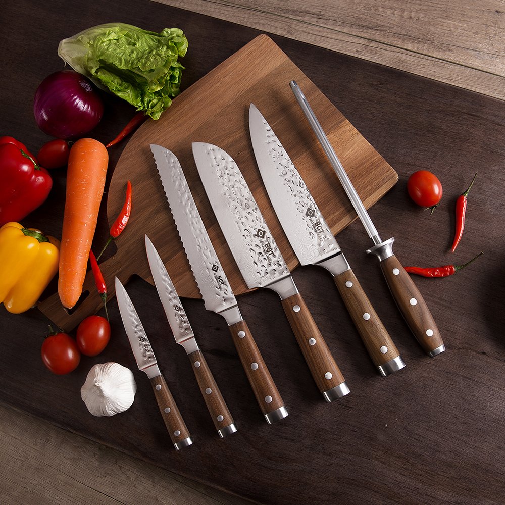 Premium 6-Piece Japanese Damascus Steel Knife Set - 67-Layer VG-10 Super Sharp Kitchen Knives with Teak Handle & Knife Roll Bag - Professional Hammered Chef Knives for Cooking, Slicing, Chopping - Perfect Gift for Home Chefs & Culinary Enthusiasts (Silver Blade)