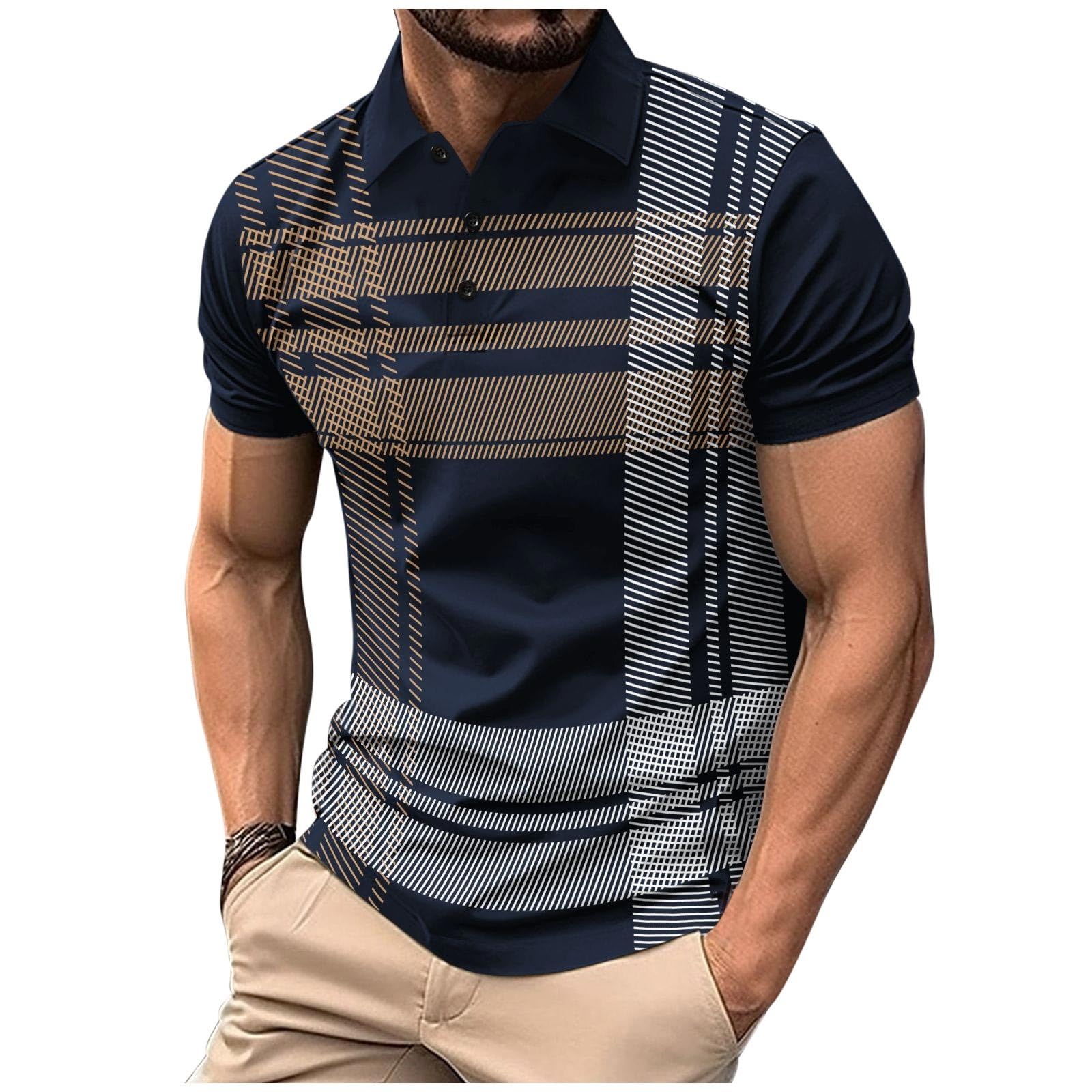 Men's Striped Polo Shirts - Summer Short Sleeve Casual Button Down Shirts for Golf, Work & Outdoor Activities | Breathable Comfort Top for Office, Weekend & Sports