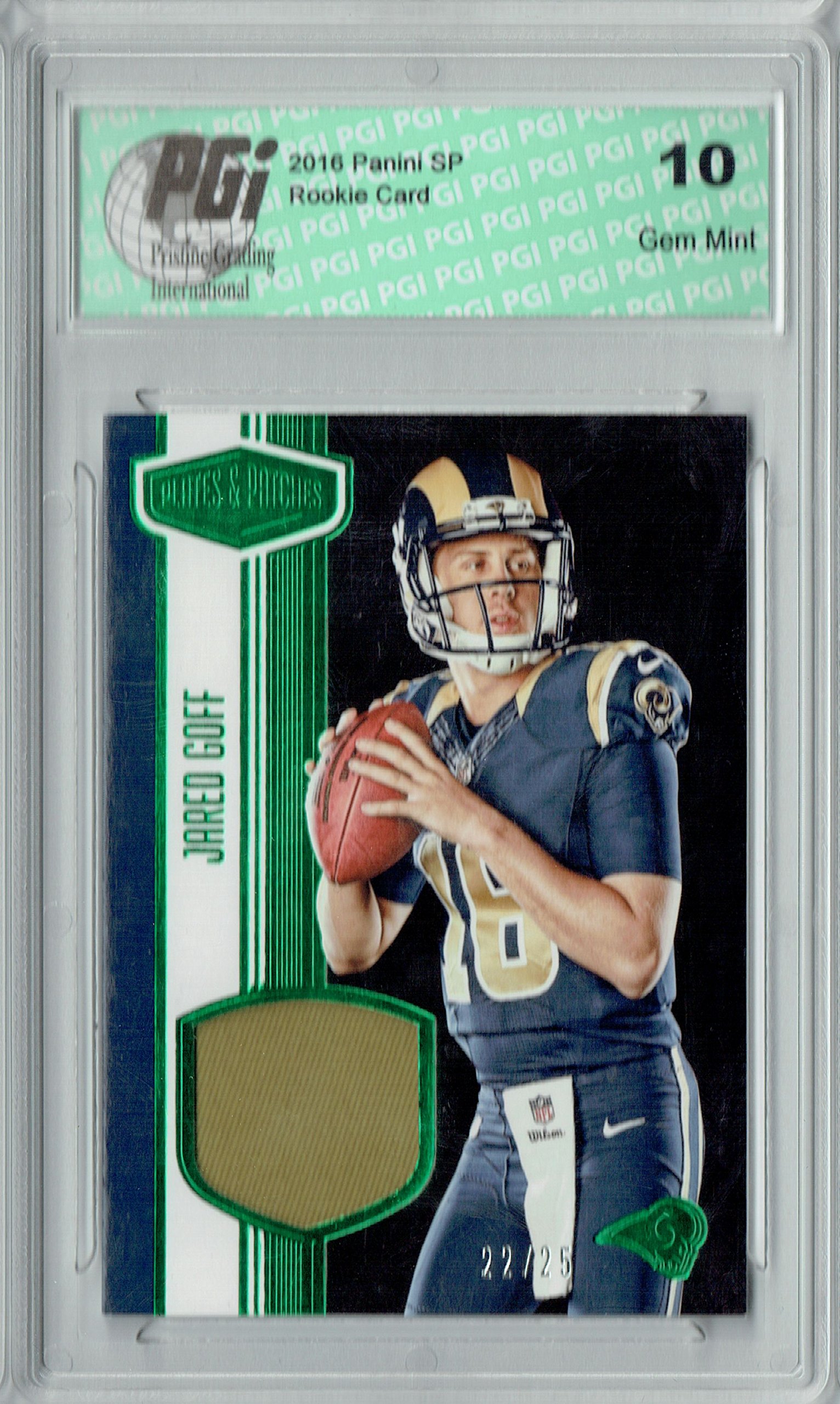 2016 Jared Goff Rookie Card Plates & Patches #RM-JG Emerald SP 25 Made - PGI 10 Graded - Perfect for NFL Memorabilia Collectors & Detroit Lions Fans Display