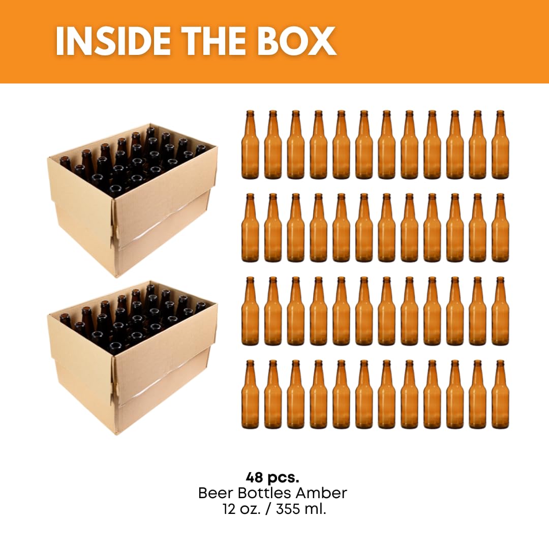Premium 12 oz Amber Glass Longneck Beer Bottles - Pack of 48 | Food Grade, Refillable & Eco-Friendly Home Brewing Bottles with Crown Caps | Perfect for Craft Beer, Kombucha, Cider & Homemade Beverages | Made in USA