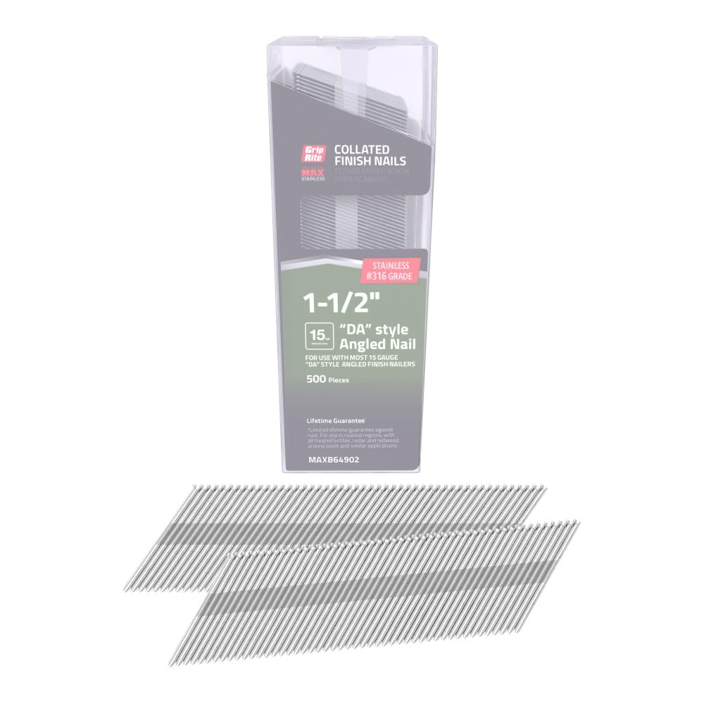 Grip Rite Prime Guard MAXB64902 1-1/2-Inch 316 Stainless Steel 15-Gauge DA-Style Angled Finish Nails, 500 per Belt Clip - Ideal for Trim Work, Cabinetry, and Fine Woodworking Projects