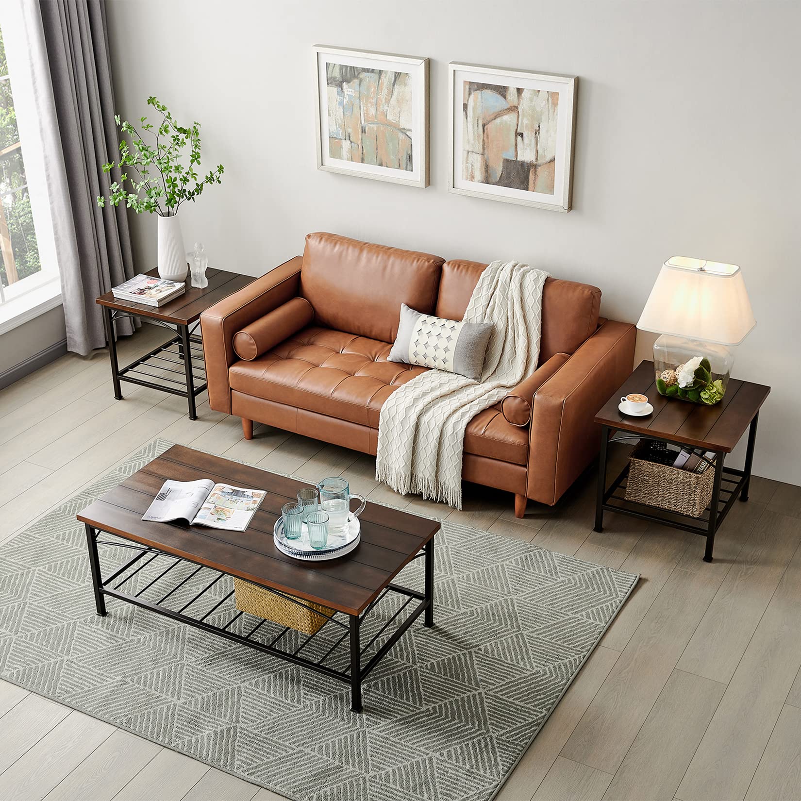 Rustic Coffee Table Set of 3 - 1 Coffee Table & 2 End Tables with Sturdy Metal Frame for Living Room, Bedroom, Office & Entryway | Modern Farmhouse Decor for Home & Workspace