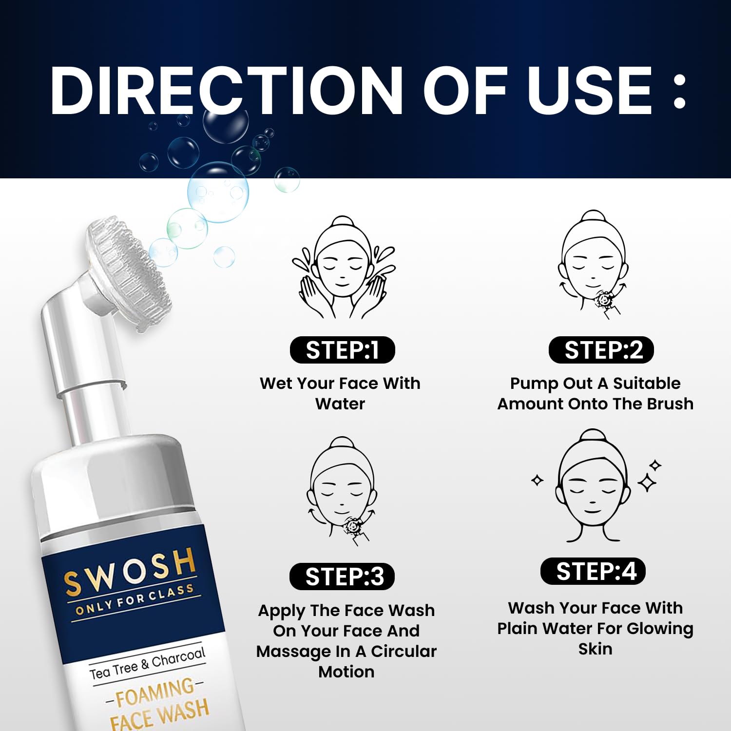 Swosh Activated Charcoal & Tea Tree Oil Face Wash 100ml with Built-in Silicone Brush | Deep Cleansing, Oil Control for Normal to Oily Skin - Gentle Exfoliating Facial Cleanser for Women & Men | Perfect for Daily Skincare Routine and Acne-Prone Skin
