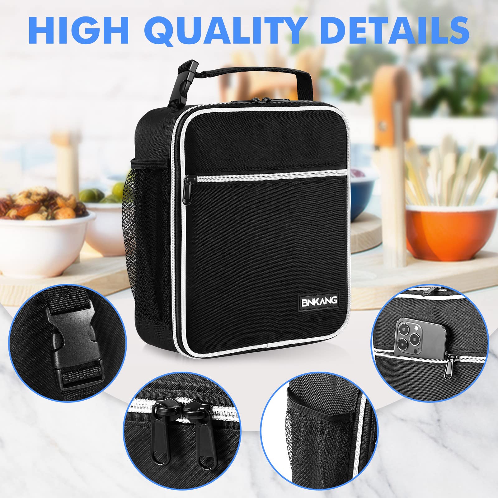 Insulated Lunch Box for Adults - Reusable & Durable Small Lunch Bag Tote for Men & Women, Black with White - Perfect for Work, School, Picnics & Outdoor Activities