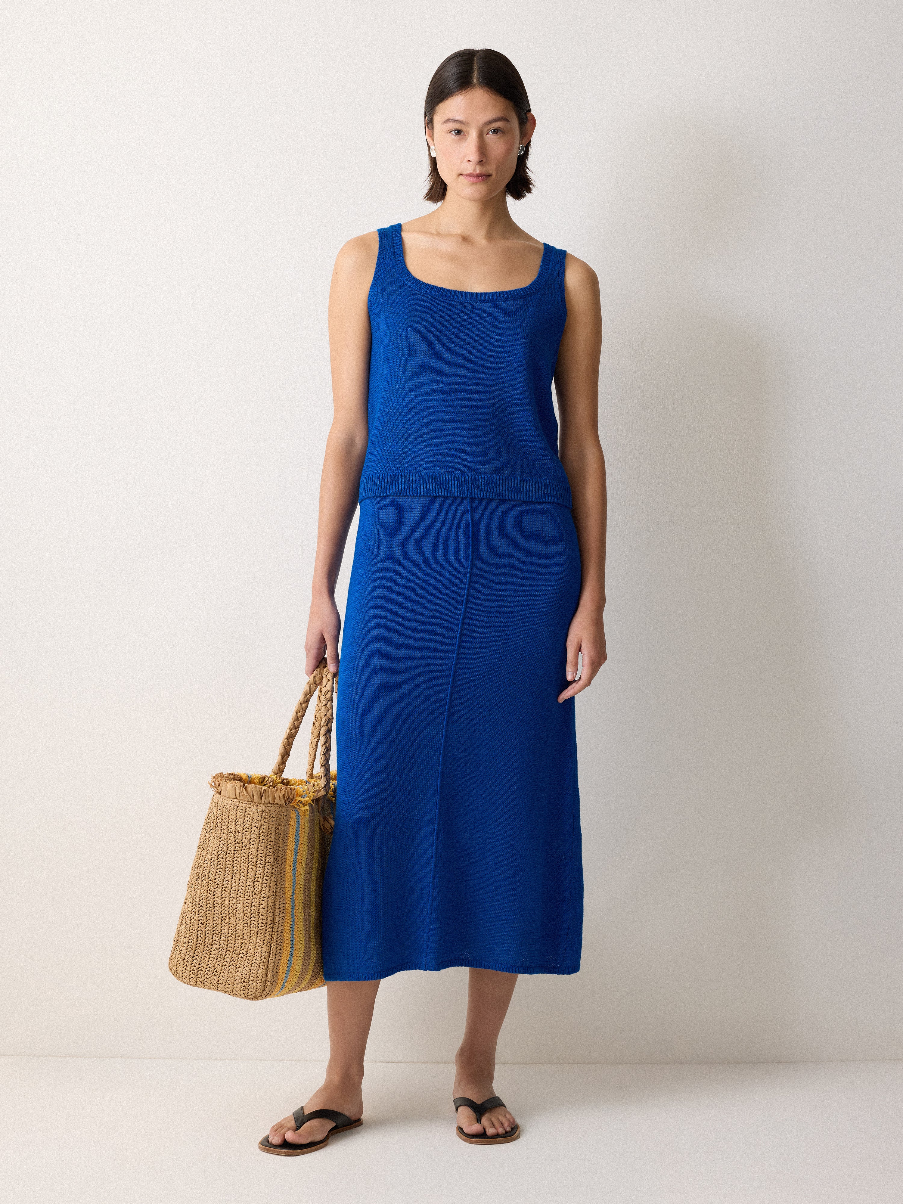 Blue Linen Square Neck Knitted Vest for Women - Summer Casual Layering Piece for Office Wear & Outdoor Activities