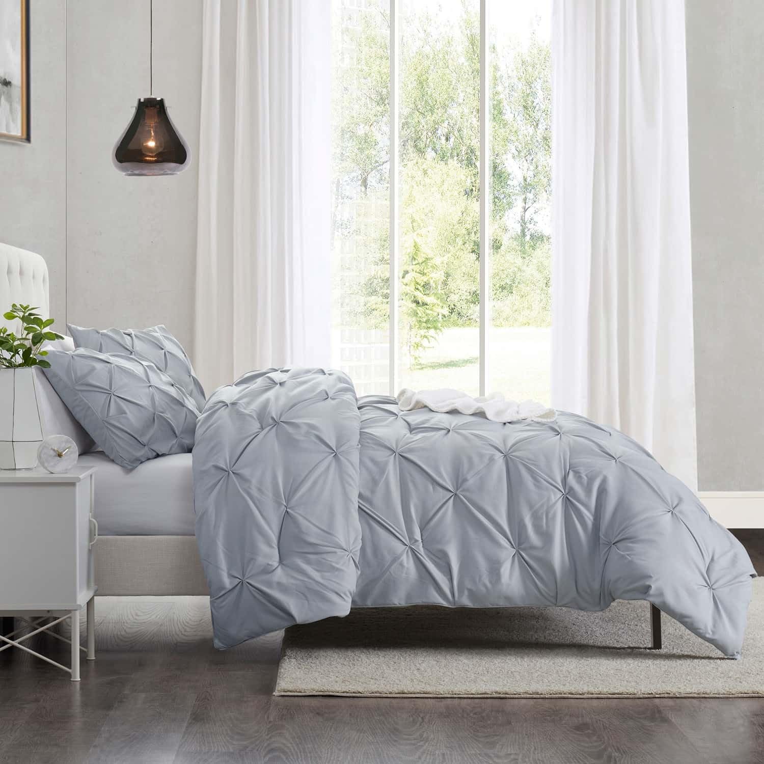 Queen Size 3 Piece Duvet Cover Set - Ultra Soft Microfiber Pintuck Comforter Cover with Button Closure (90x90 Inches) & 2 Pillow Shams - Pinch Pleated Bedding for Master Bedroom, Guest Room - Steel Blue