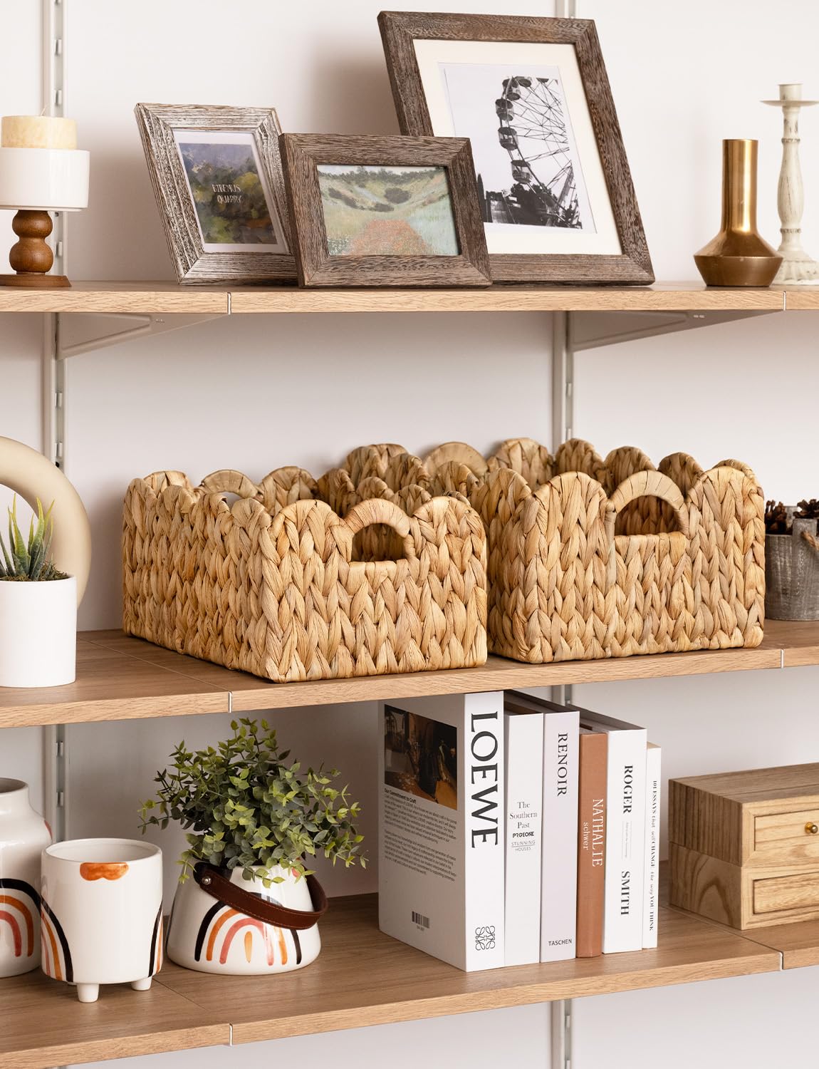 StorageWorks Metal Frame Wicker Baskets with Scalloped Edge - Decorative Shelf Organizers for Bedroom, Bathroom & Closet Storage | Space-Saving Home Organization Solution