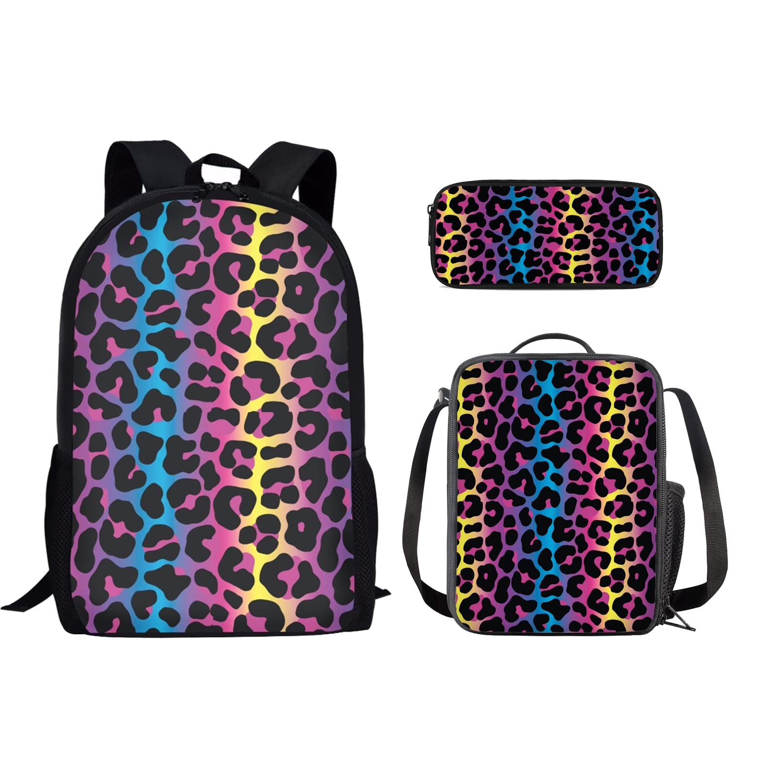 Colorful Rainbow Leopard Print Kids Backpack Set - 3 Pack Durable School Backpacks with Large Capacity, Lunch Bag & Pencil Cases for Boys & Girls | Perfect for School, Travel & Daily Use