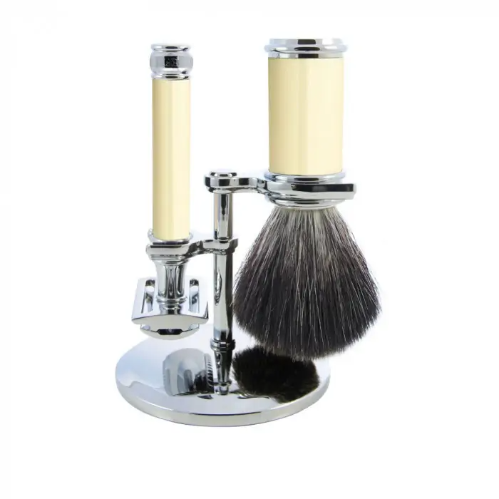 Edwin Jagger Imitation Ivory & Chrome 3 Piece Double Edge Safety Razor Set - Black Synthetic Shaving Kit for Men - Perfect for Travel & Daily Grooming Routine
