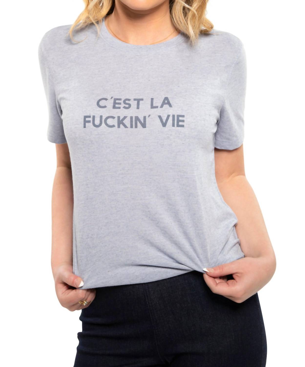 C'est La F*ckin Vie Graphic Short Sleeve Knit Tee in Powder Blue - Trendy Casual T-Shirt for Women - Perfect for Streetwear, Daily Outfits & Summer Fashion