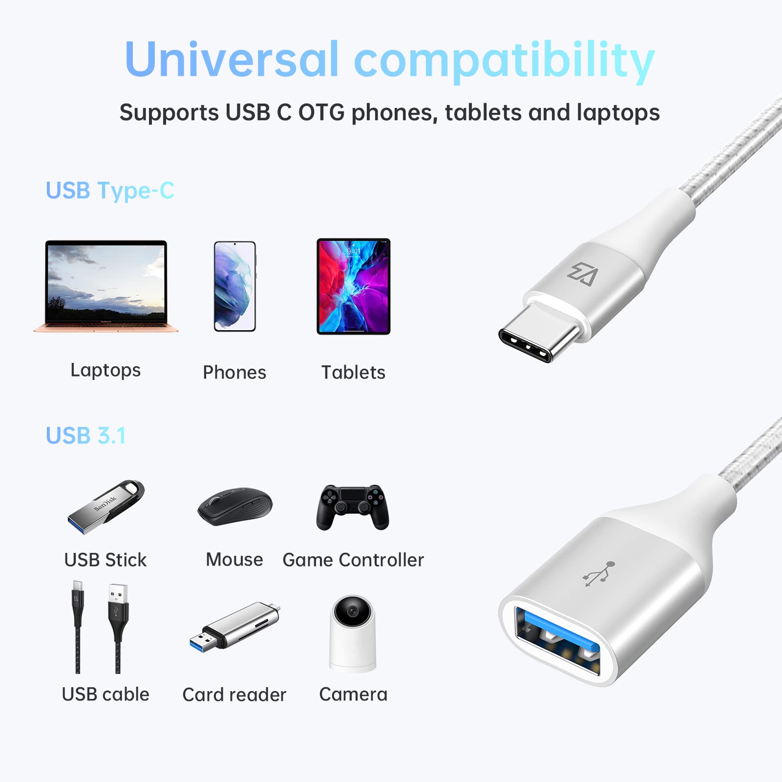 USB C to USB Adapter 10Gbps, USB C to USB 3.1 Female OTG Cable for Samsung Galaxy S20/S10/S9, MacBook Pro, iPad Air 2020 - Fast Data Transfer & Charging for Travel, Office & Home Use