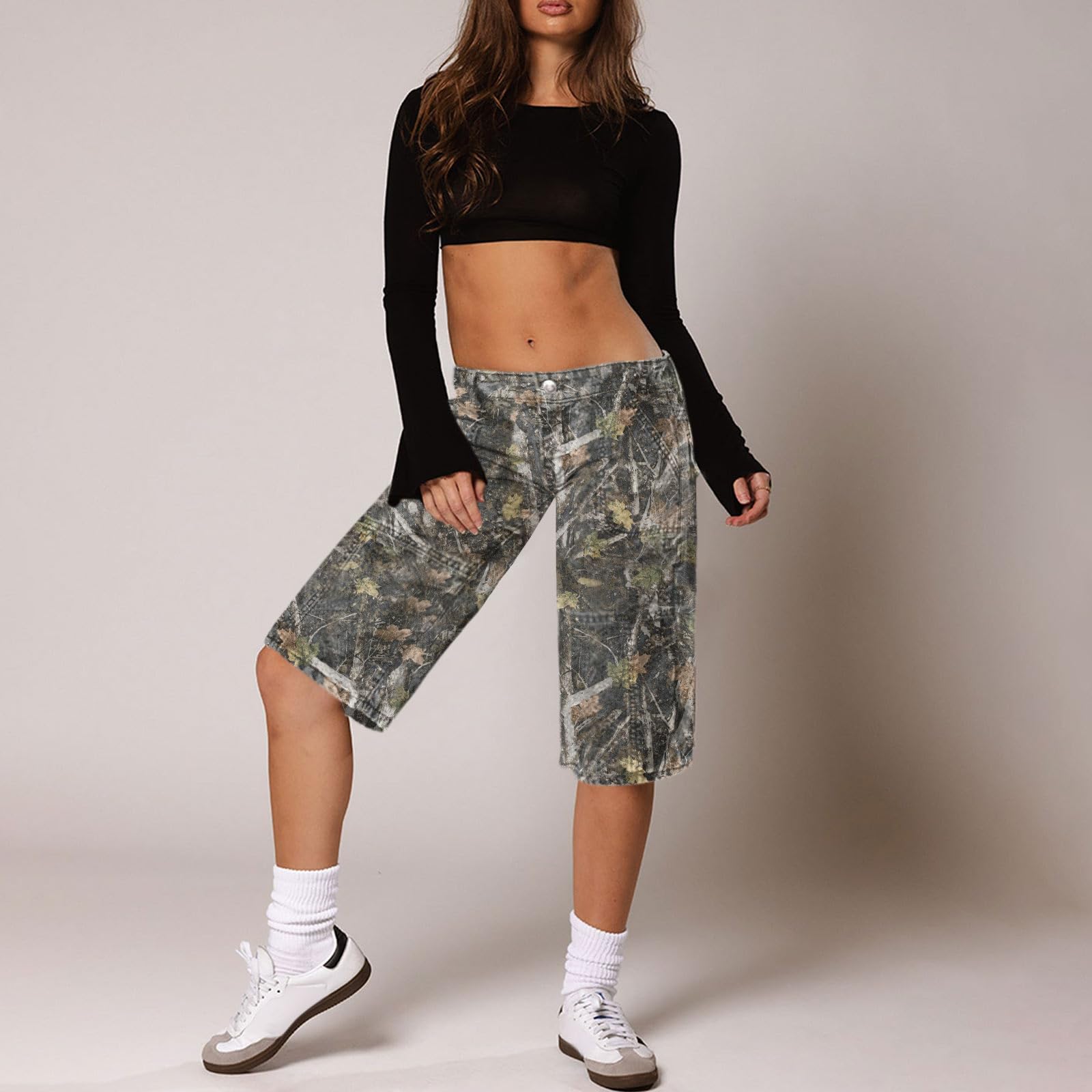 Women's Camo Shorts - Y2K Maple Leaf Print Baggy Jorts, Casual Long Denim Bermuda Shorts with Pockets | Perfect for Hiking, Streetwear & Summer Outfits