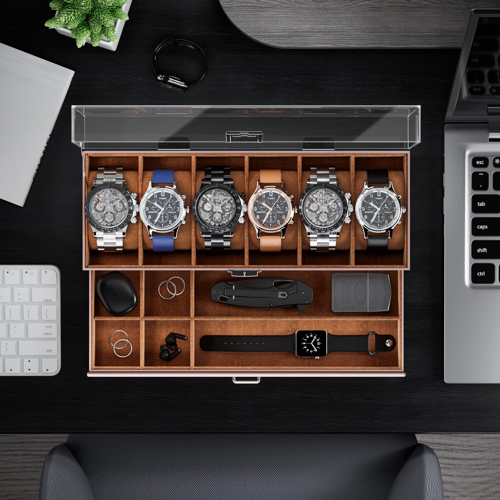 ProCase 6-Slot Watch Display Case with Clear Acrylic Lid - 2-Layer Jewelry & Watch Storage Organizer with Drawer - Perfect Gift for Men & Women - Ideal for Watch Collectors, Travel & Home Decor (Espresso)